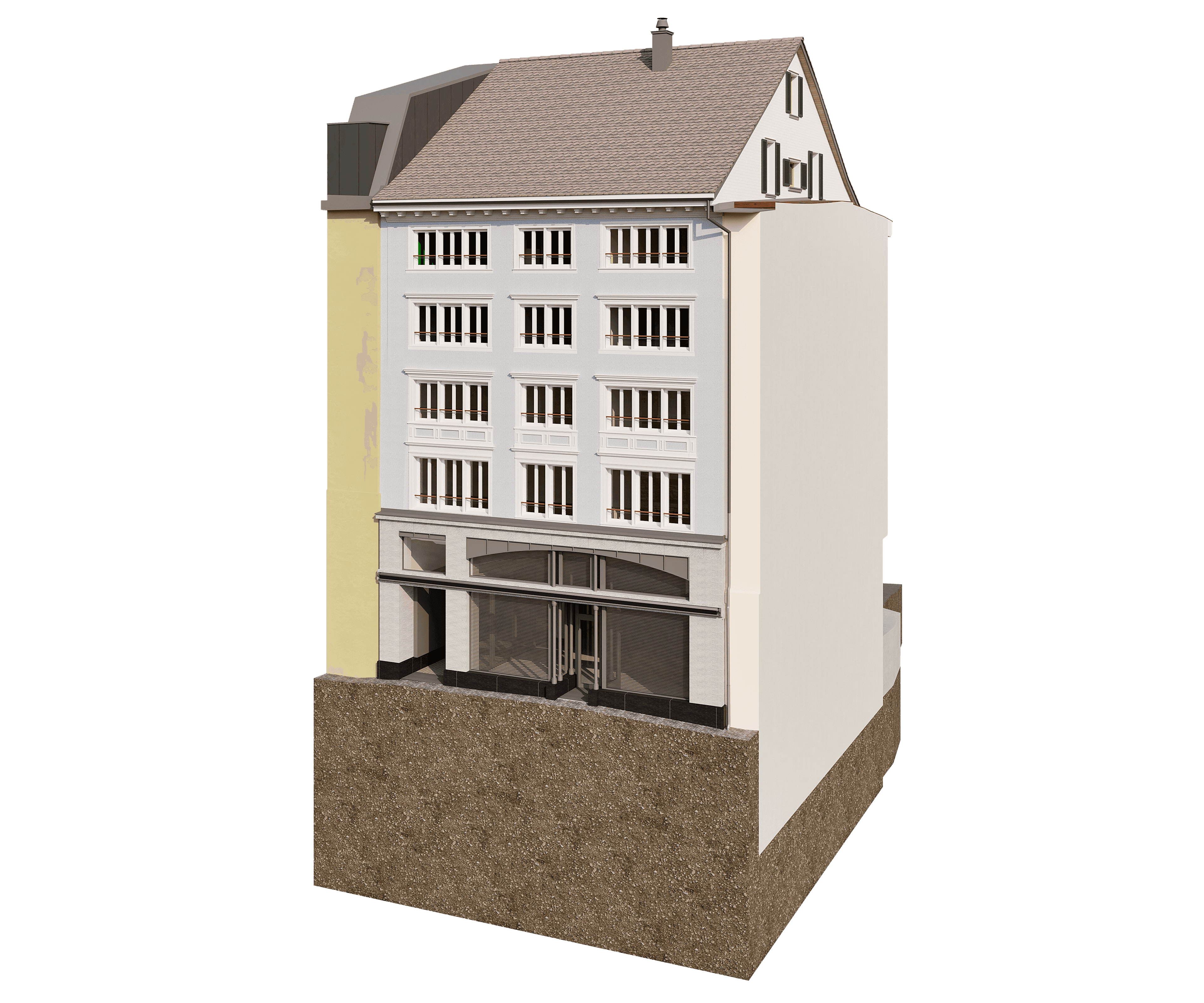 Modernisiertes fünfstöckiges Gebäude mit Schaufenstern im Erdgeschoss, gelbe und weiße Fassade, Schrägdach, seitlich verputzt.