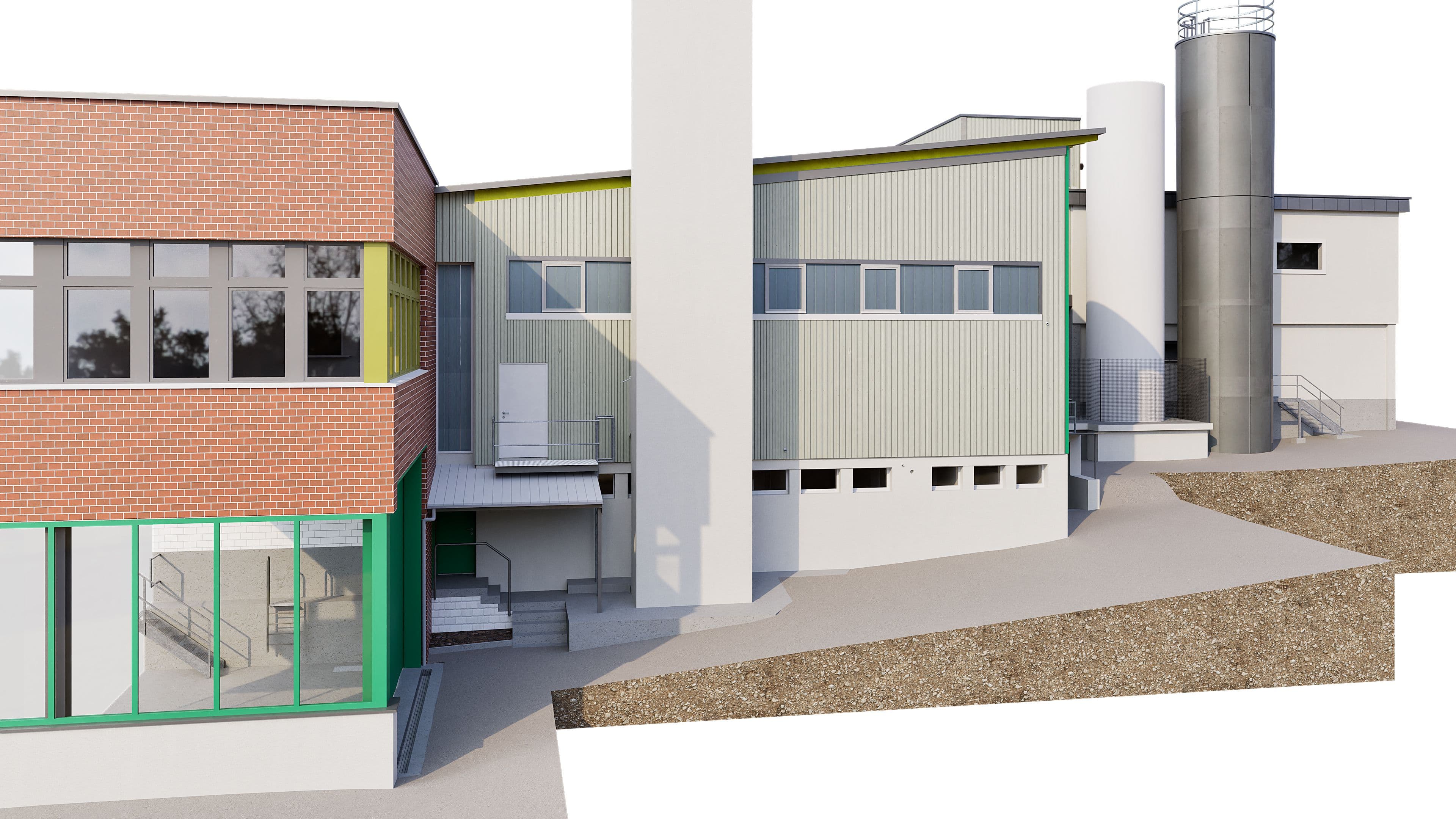 Industriegebäude mit roter Klinker- und moderner Metallfassade, angrenzendem Schornstein und silbernem Silo.