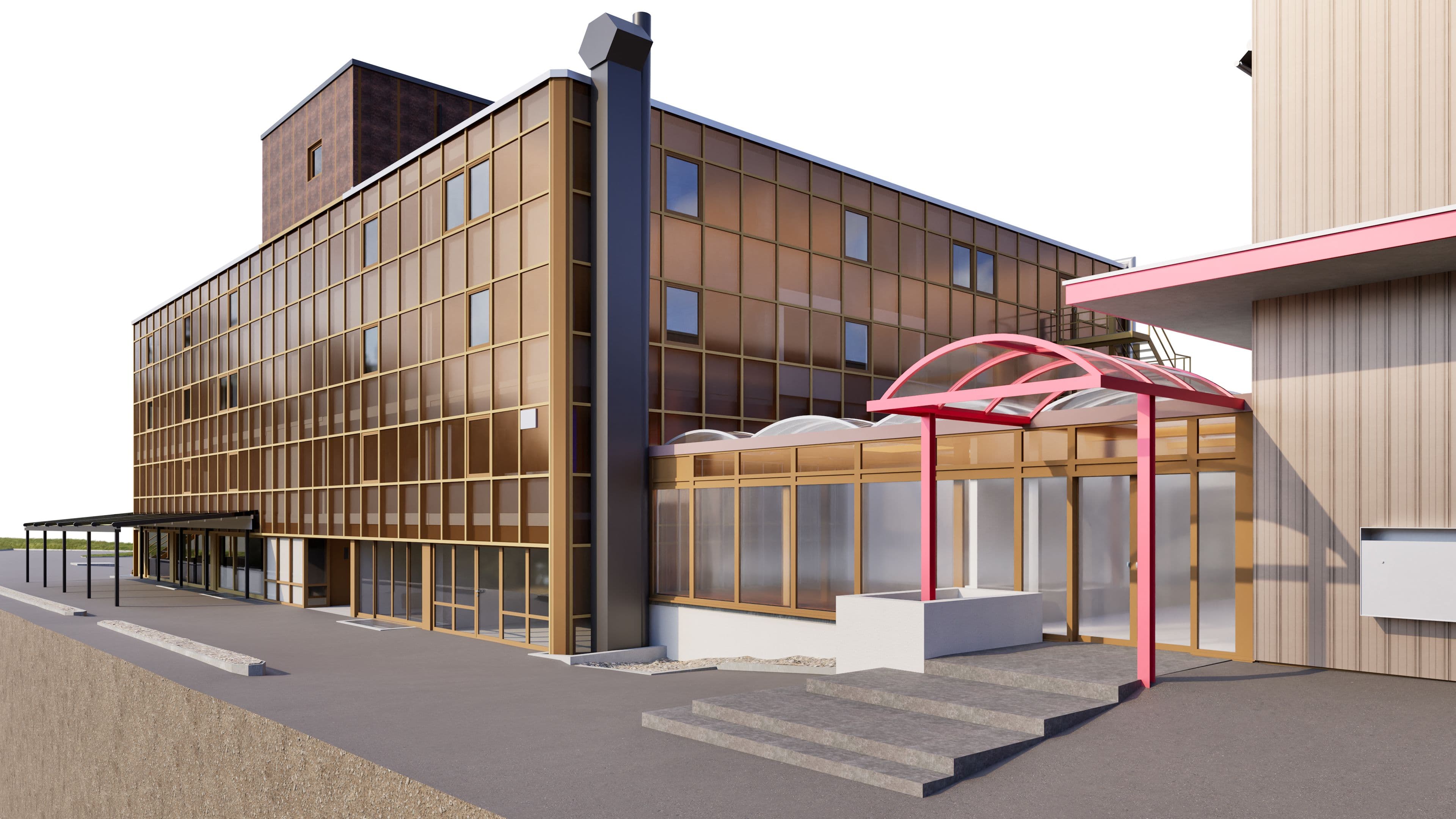 3D-Visualisierung eines modernen Büro- oder Industriegebäudes mit großflächiger Glasfassade, Eingangsbereich mit roten Überdachungen und Treppenanlage auf einem Firmengelände.