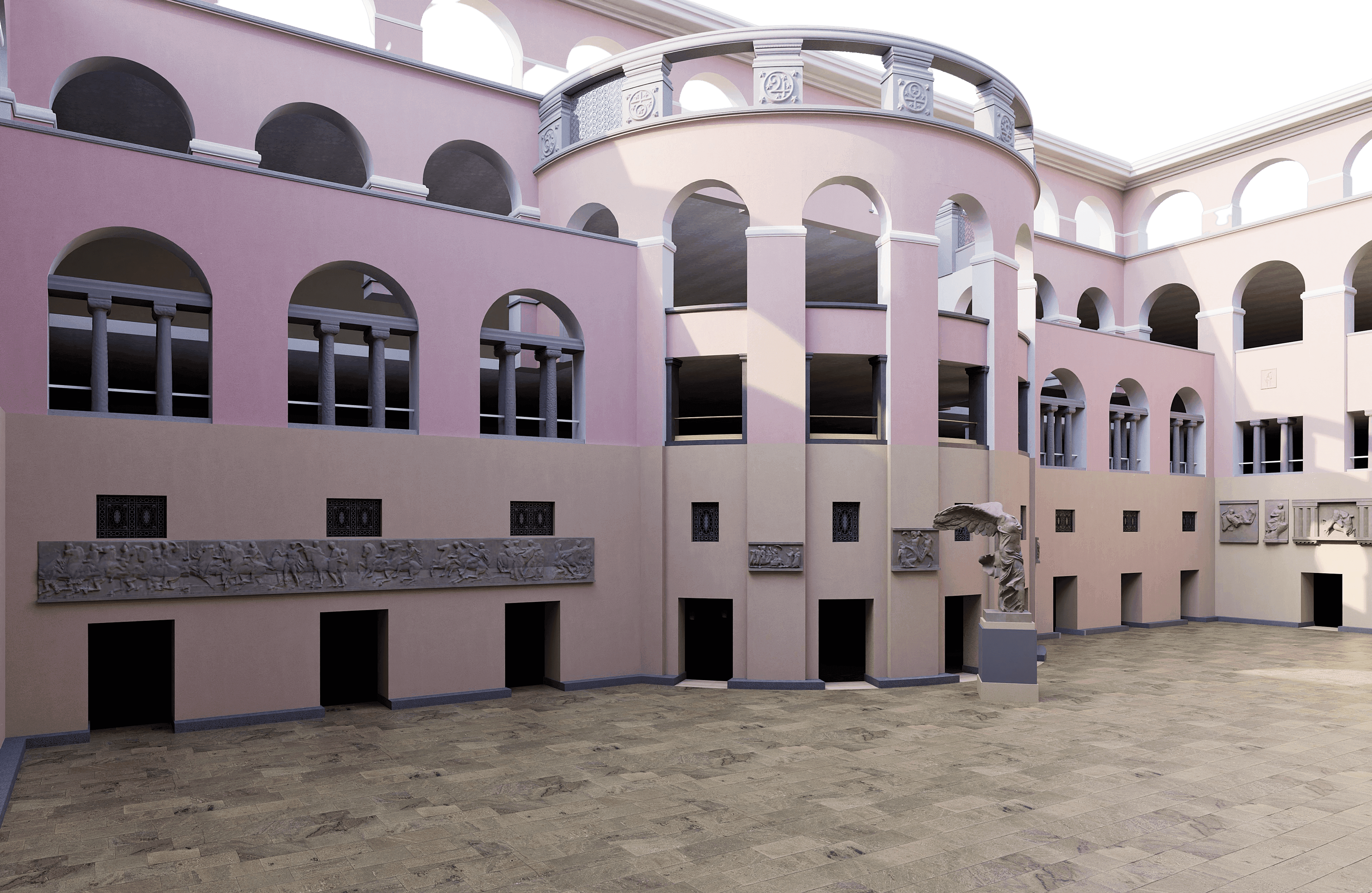 Ein historischer Innenhof mit Bögen und rosa Fassaden, Steinboden, verziert mit klassischen Elementen.