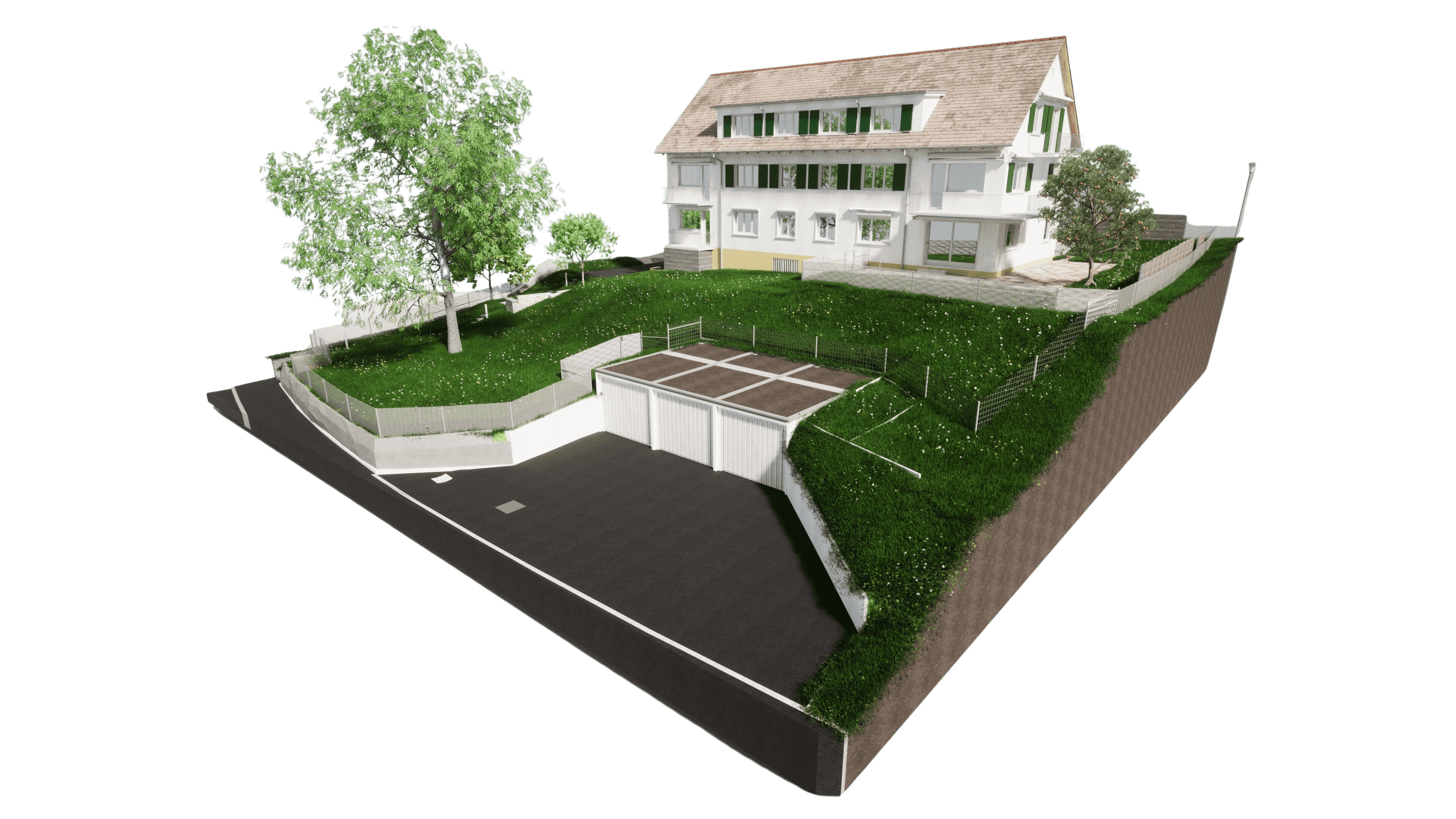 Ein modernes Einfamilienhaus mit Satteldach, großem Garten und Garage, umgeben von grüner Landschaft.