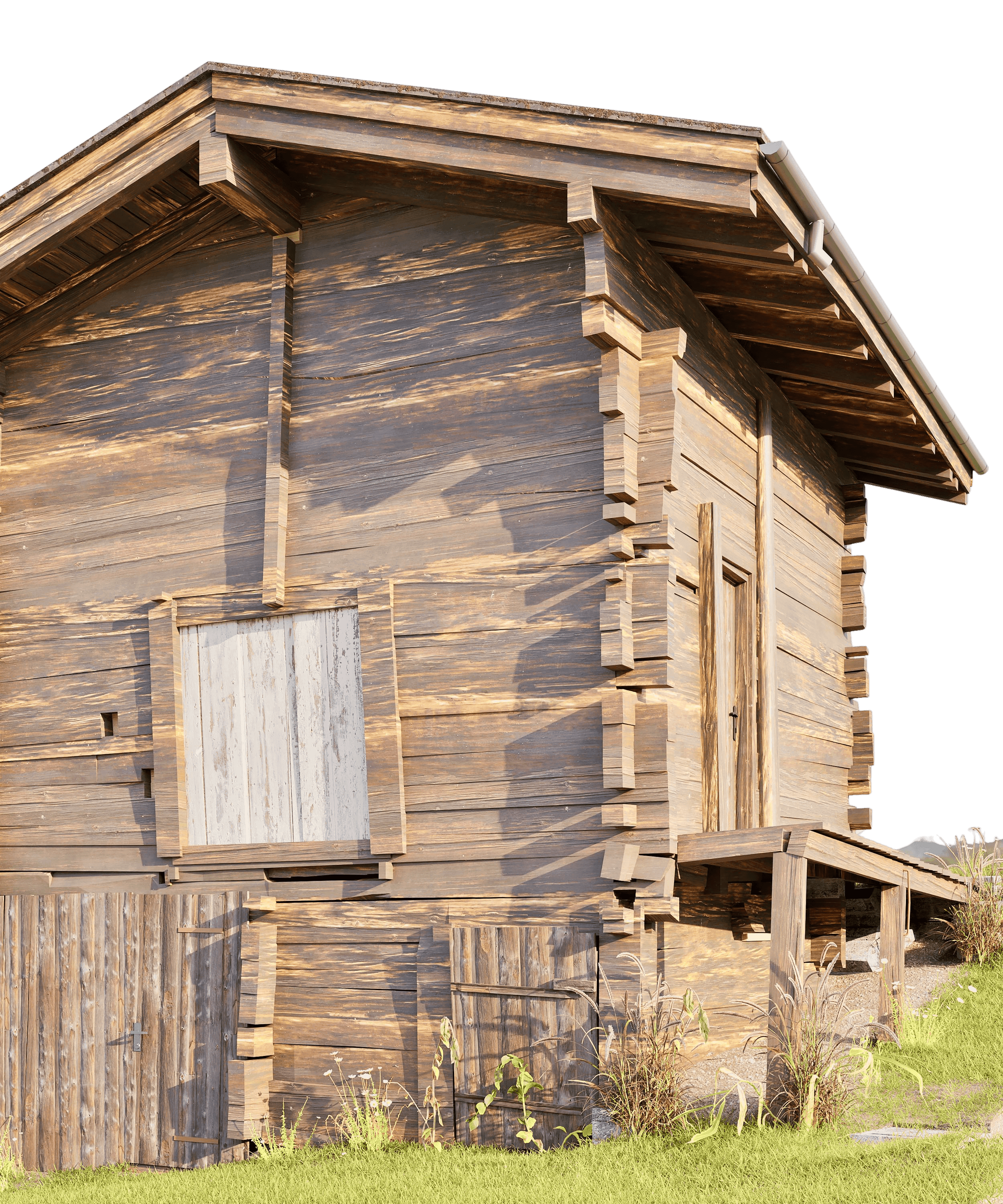 Ein traditionelles Blockhaus aus Holz, umgeben von einem Holzzaun, steht auf einem gepflegten Rasen.