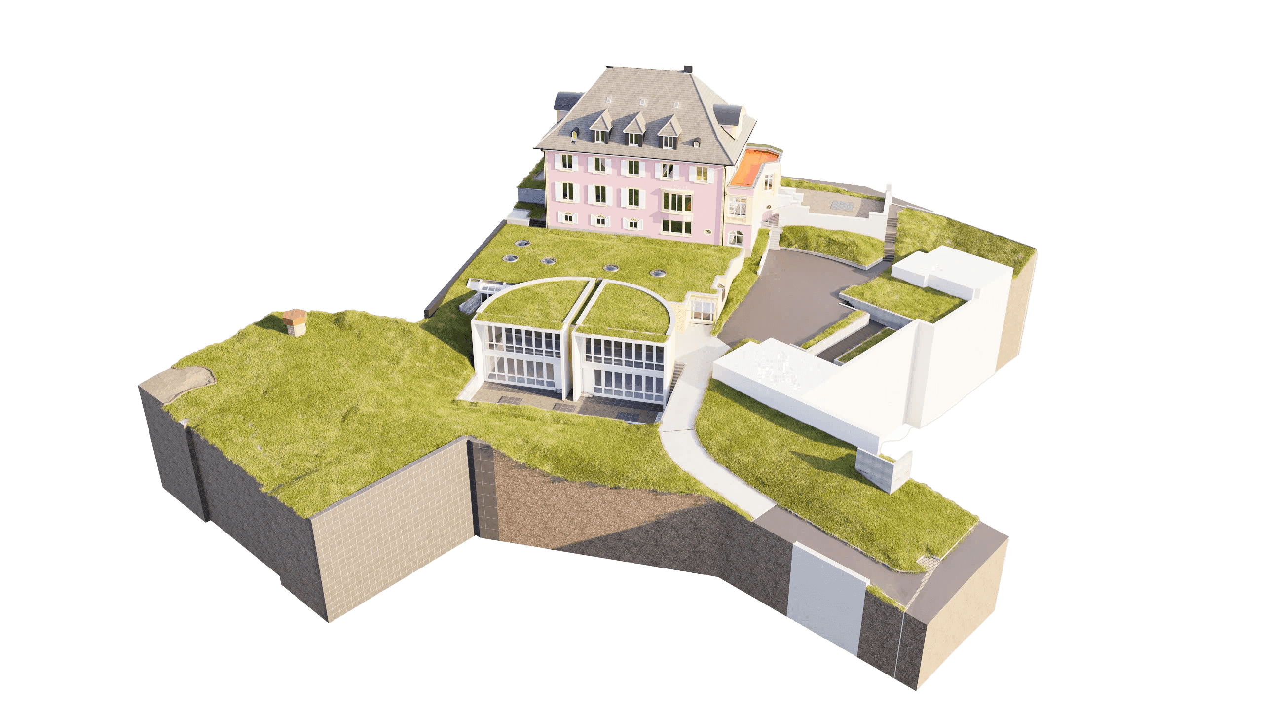 Das Bild zeigt ein modernes Architekturmodell eines Gebäudes mit großem Garten und Terrassen auf einem Hügel.