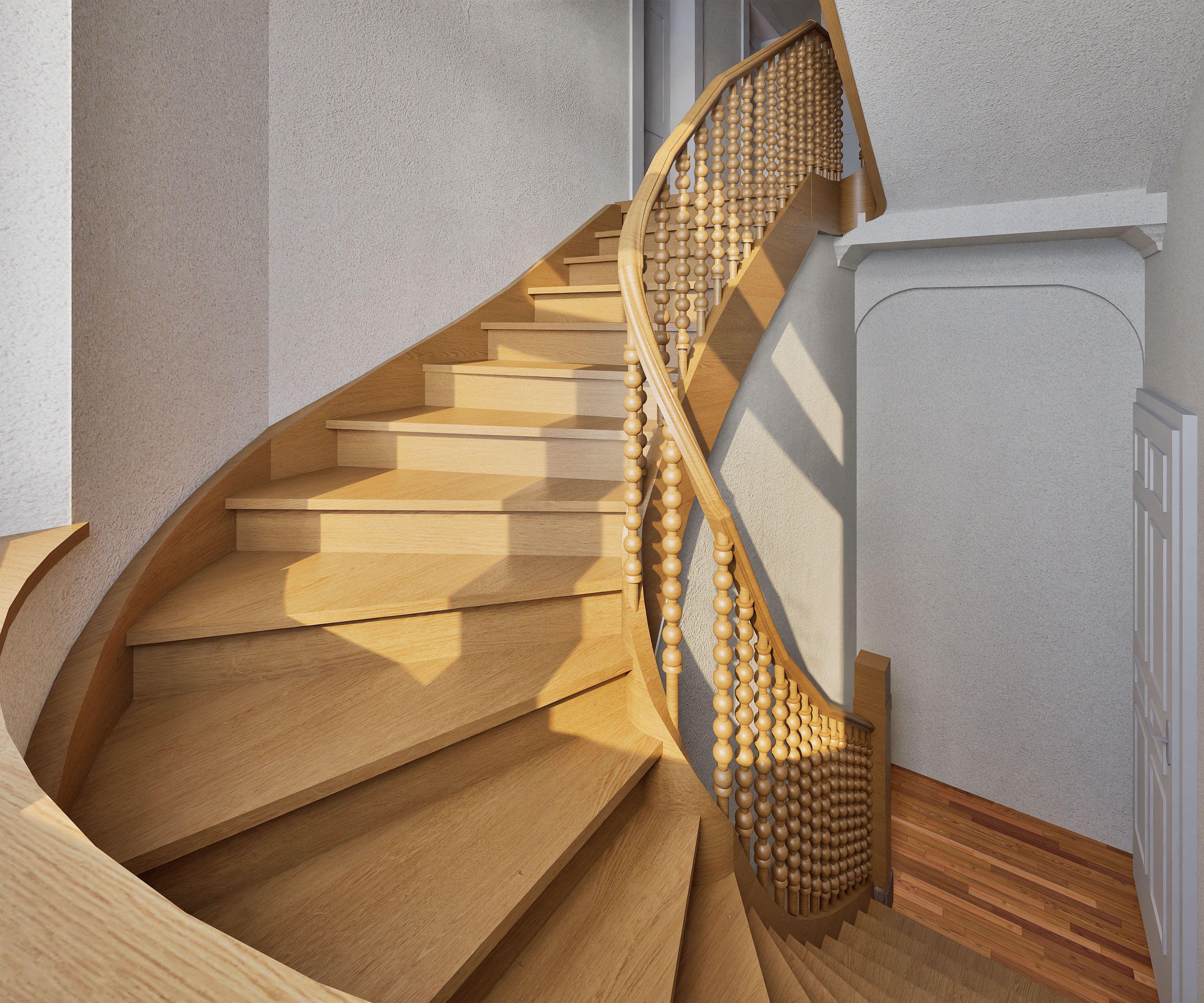 Holzwendeltreppe mit kunstvollem Geländer in elegantem Innenraum.