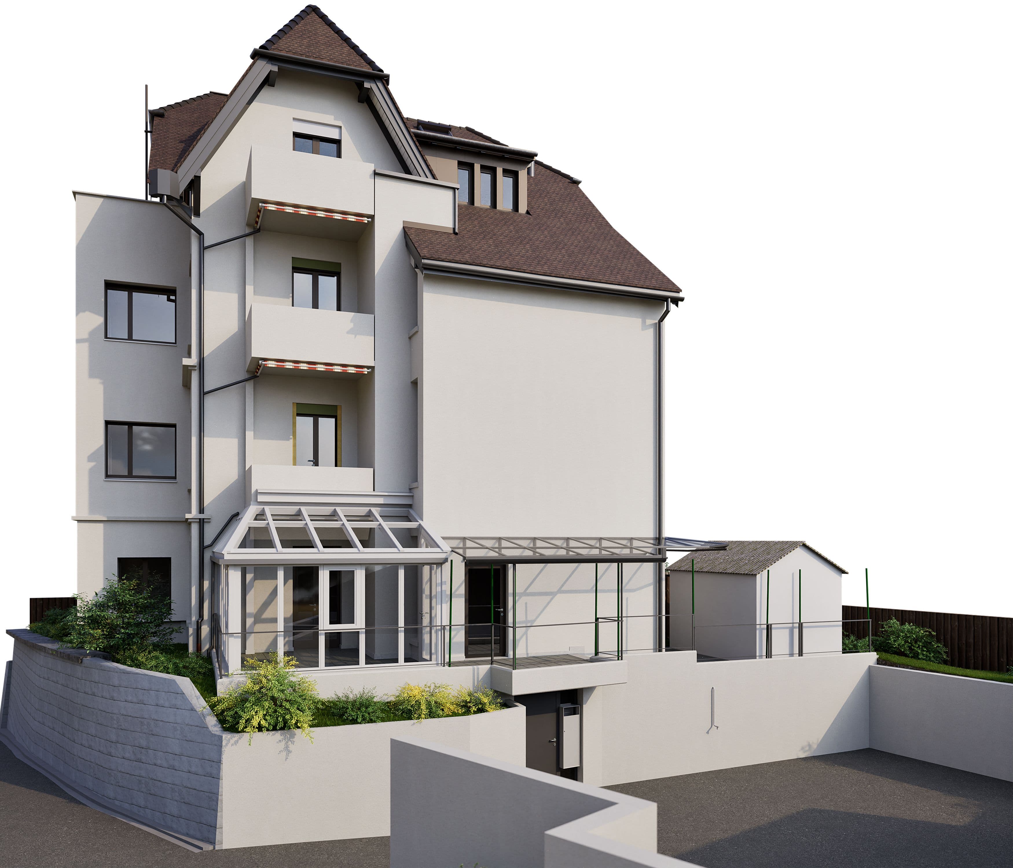 Ein modernes, mehrstöckiges Wohnhaus mit Balkonen, einem Wintergarten und gepflegtem Außenbereich.