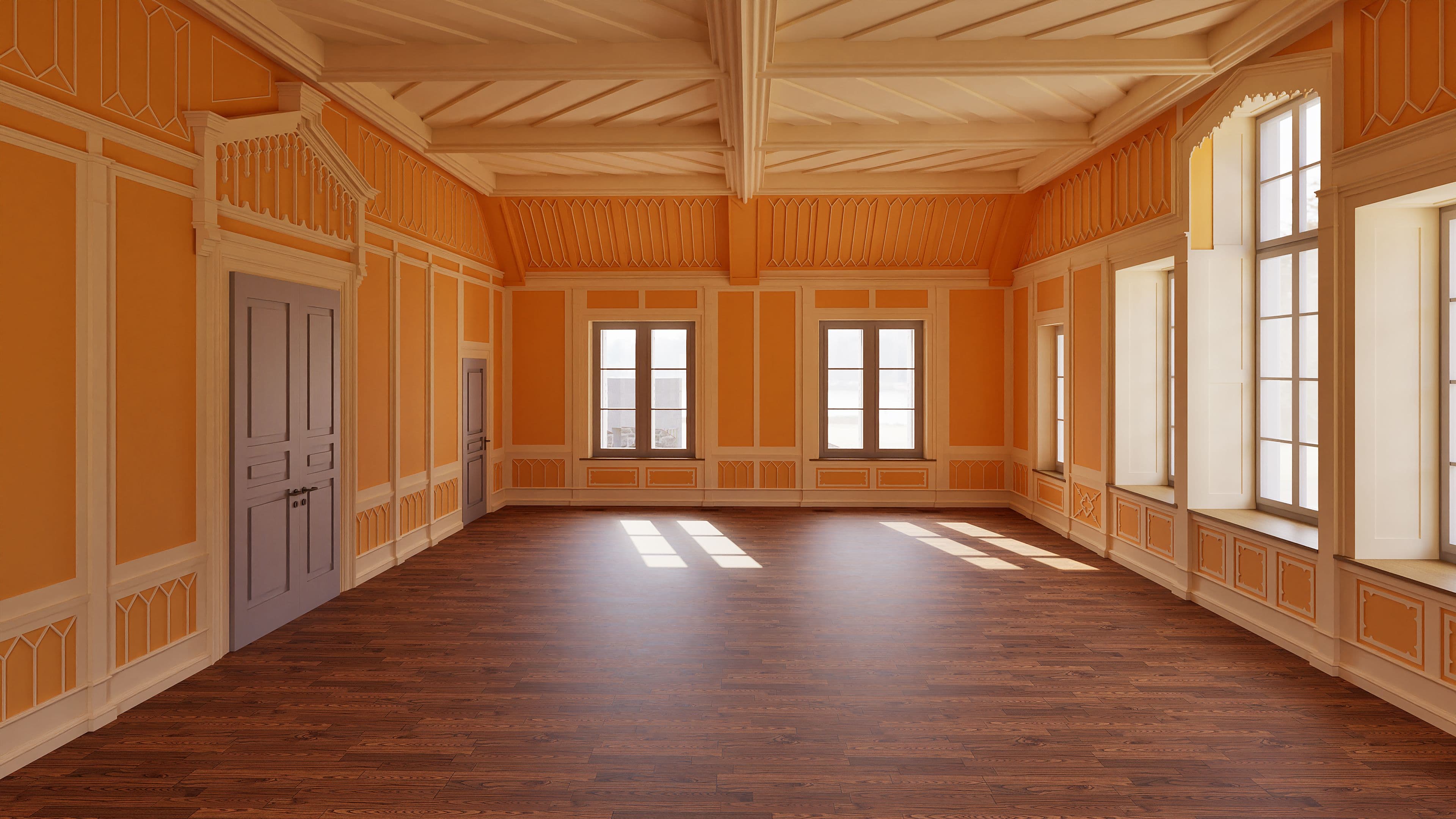 Leerer historischer Saal mit orangefarbenen Wänden, Stuckdetails, hohen Fenstern und Holzboden; Sonnenlicht fällt durch die Fenster in den Raum.
