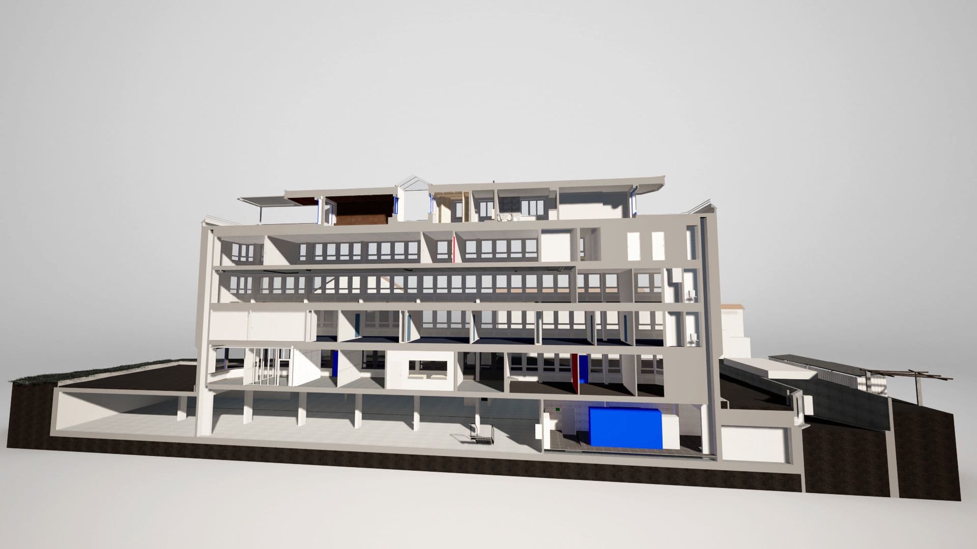 3D-Modell eines modernen Mehrfamilienhauses.