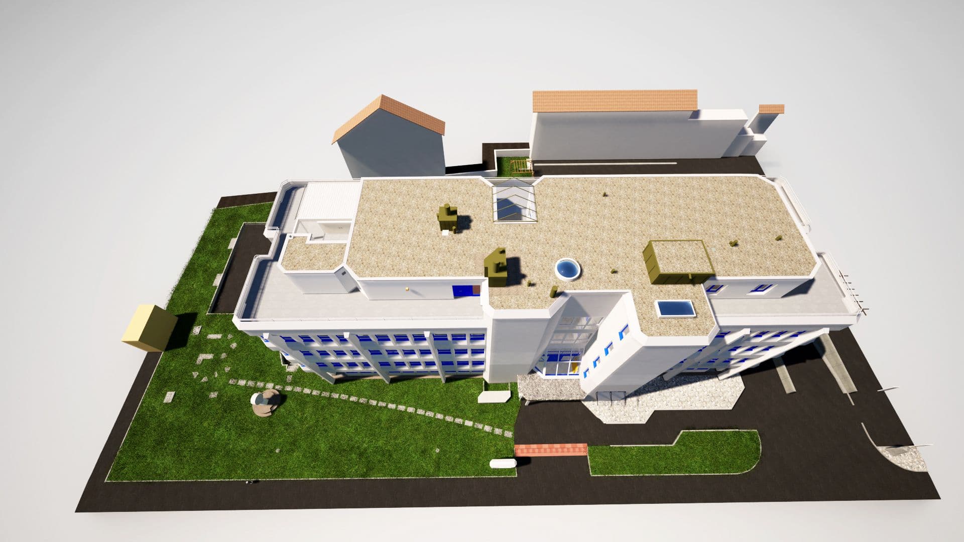 3D-Render eines modernen Gebäudekomplexes von oben.