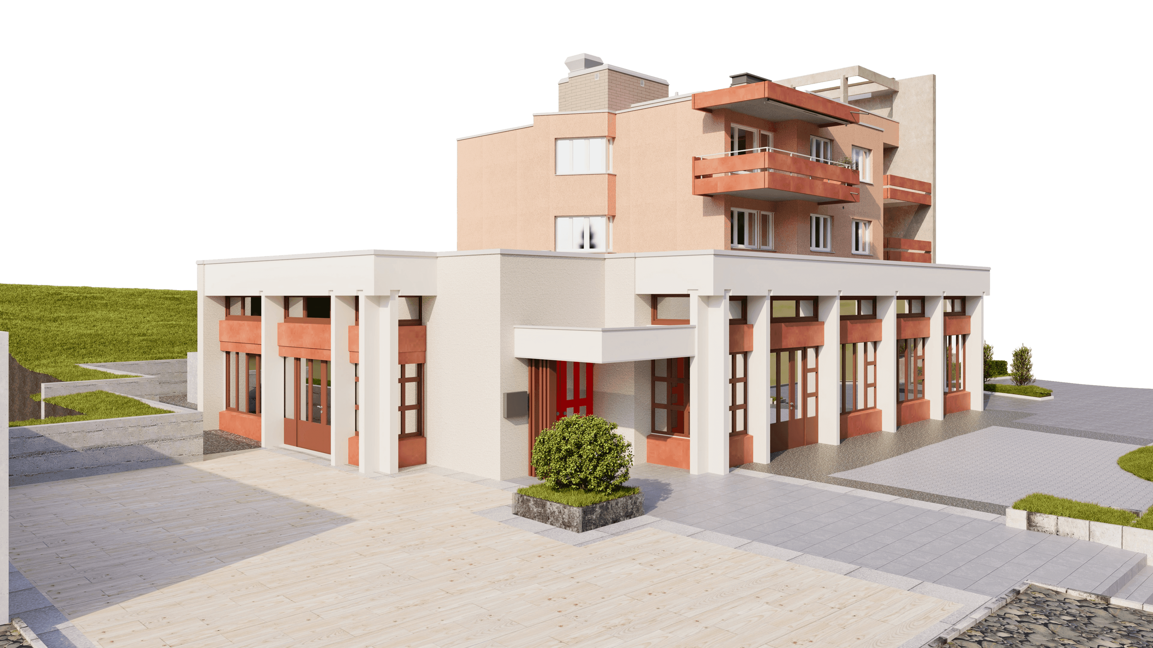 Modernes, mehrstöckiges Gebäude mit mehreren Balkonen und großen Fenstern, umgeben von einer gepflasterten Fläche.