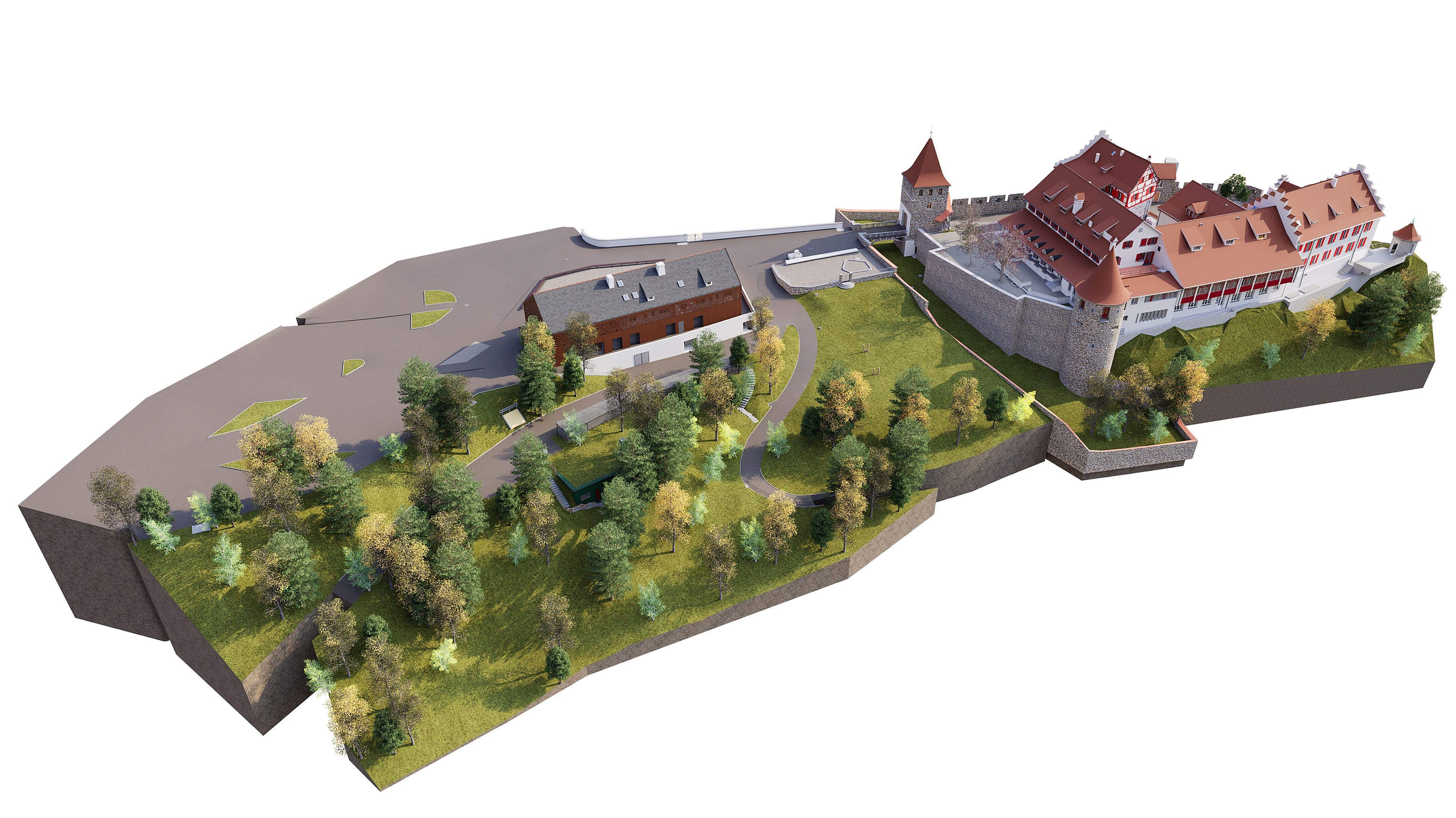3D-Visualisierung einer Burganlage mit roten Dächern, Steinmauern, Innenhof, Zufahrtsstraße, Parkplatz und umliegendem Park mit Bäumen und Wegen in Vogelperspektive.