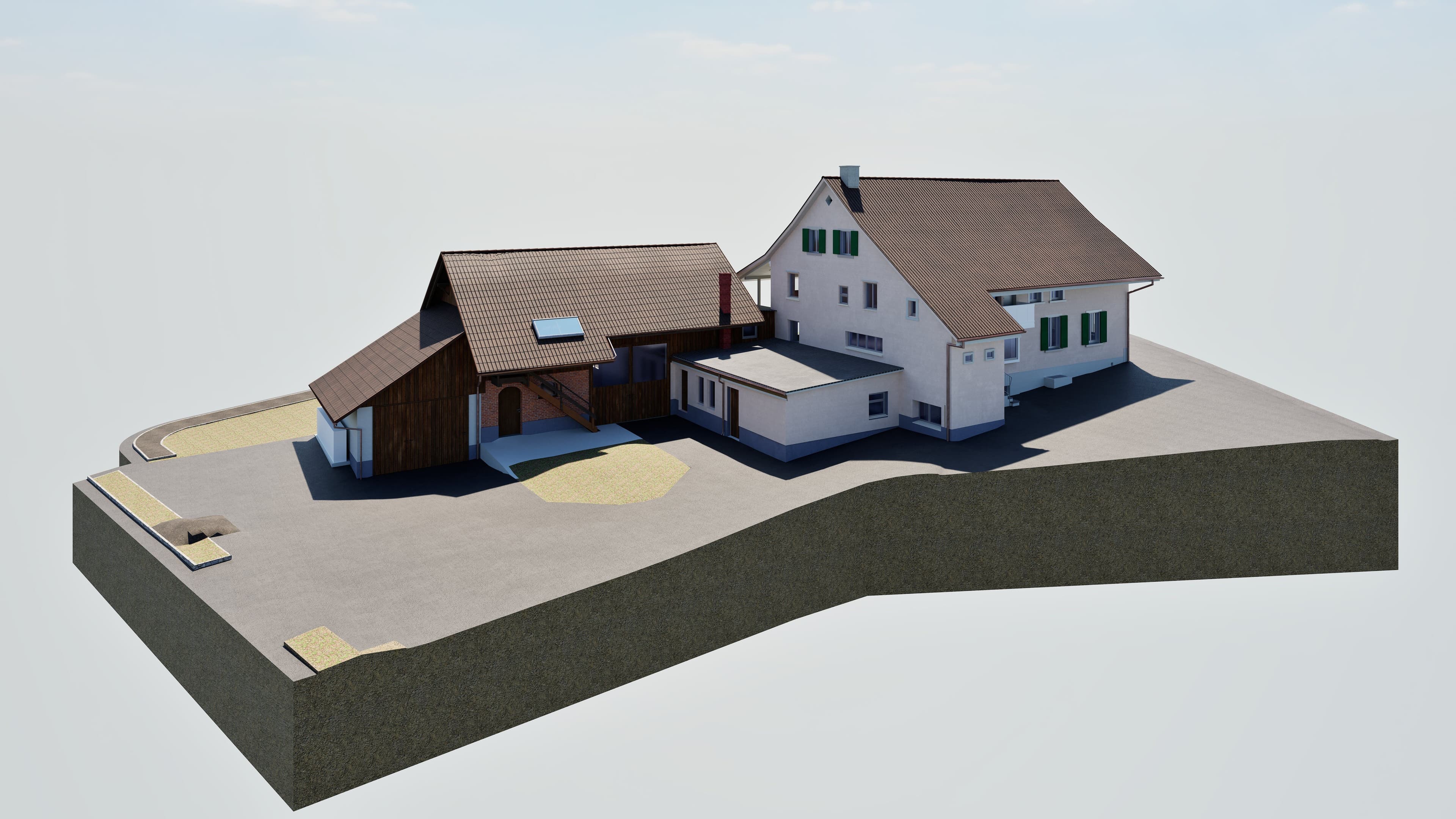 3D-Modell eines modernen Einfamilienhauses mit Anbau und Garage auf einem abgeschnittenen Grundstücksmodell.