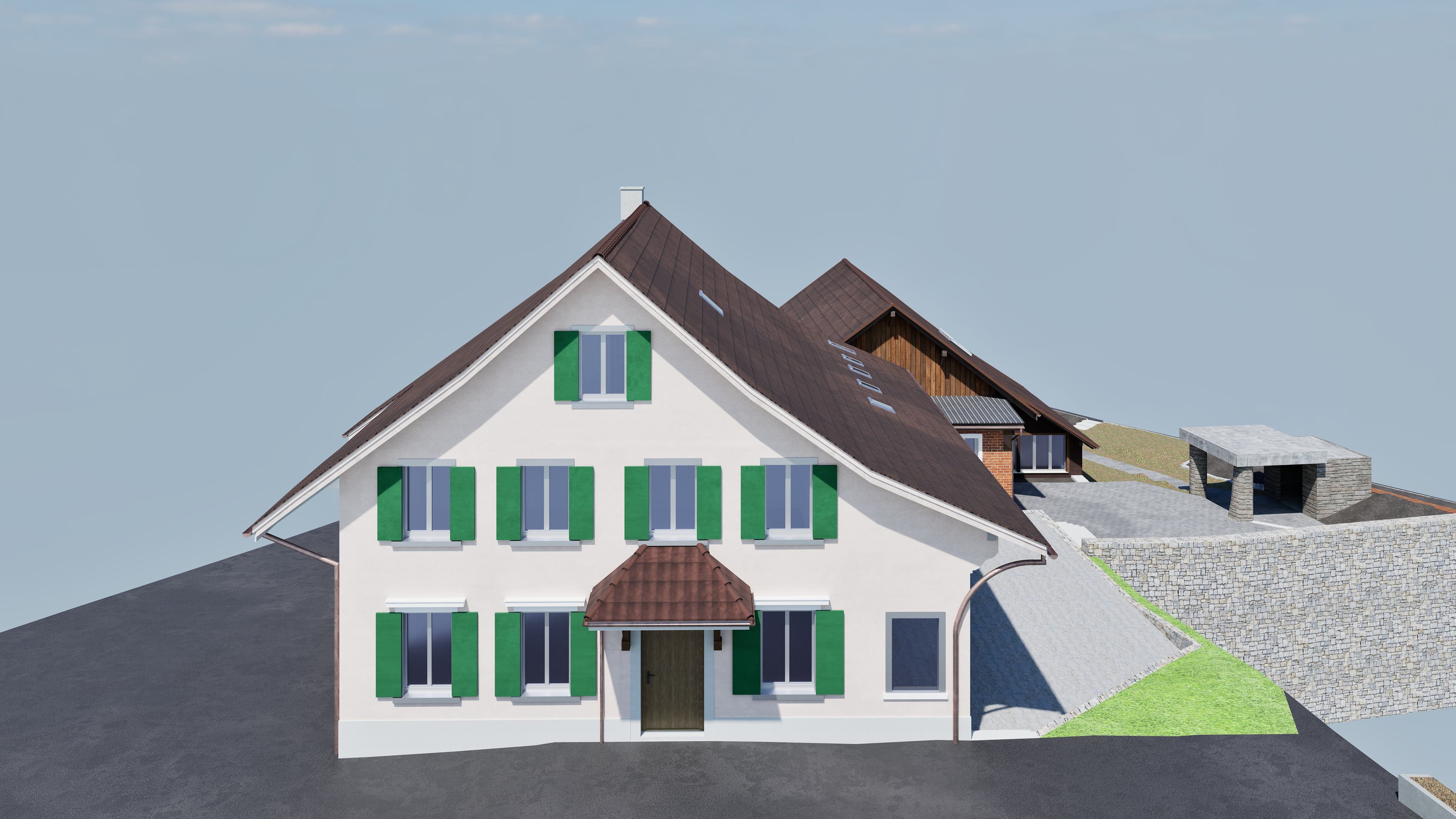 3D-Modell eines weißen Hauses mit grünen Fensterläden und Satteldach, vor einem blauen Himmel.