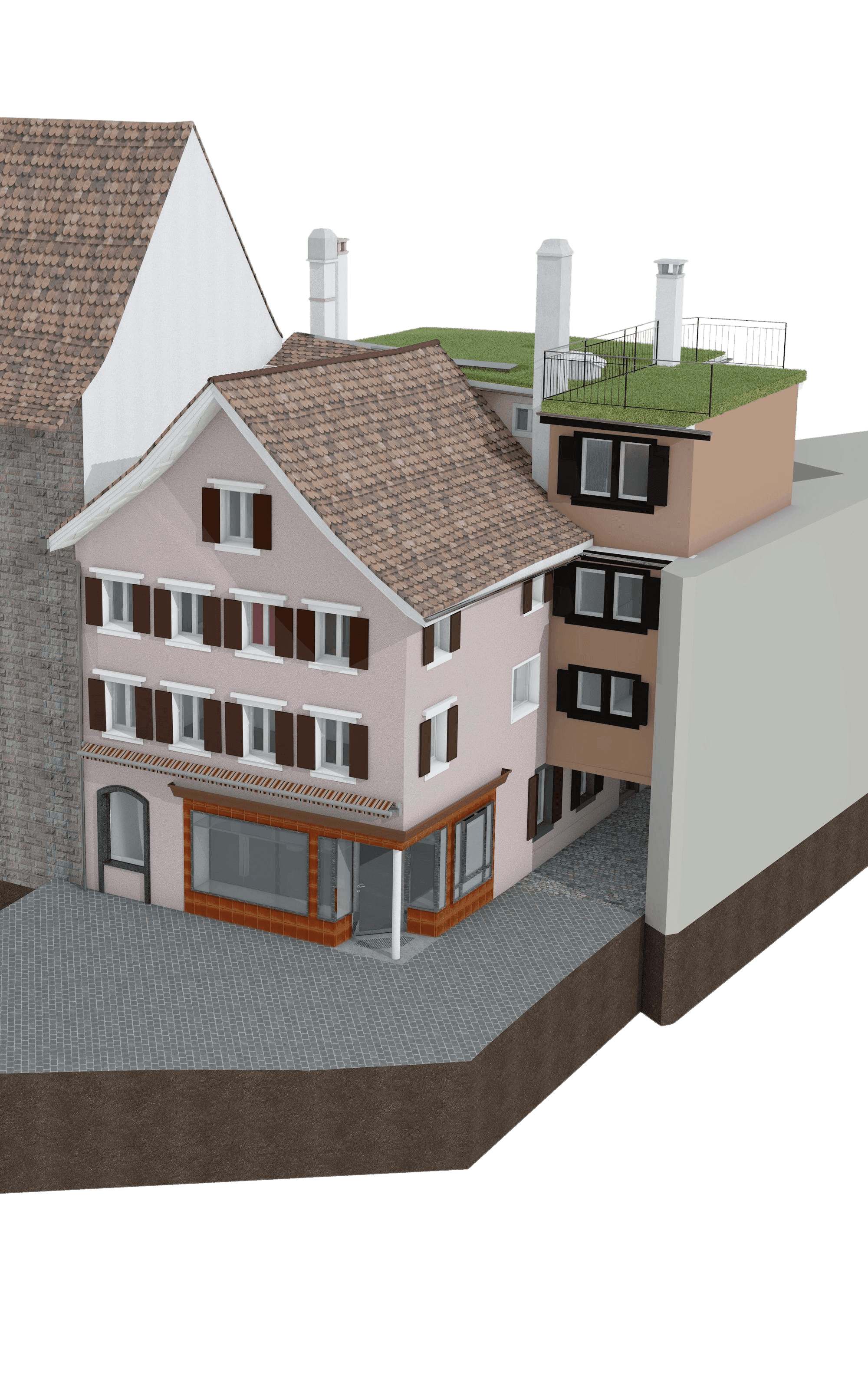 Ein modernes Architekturmodell zeigt ein traditionelles, mehrstöckiges Gebäude mit weißen Wänden, Satteldach und angrenzendem begrüntem Flachdach.