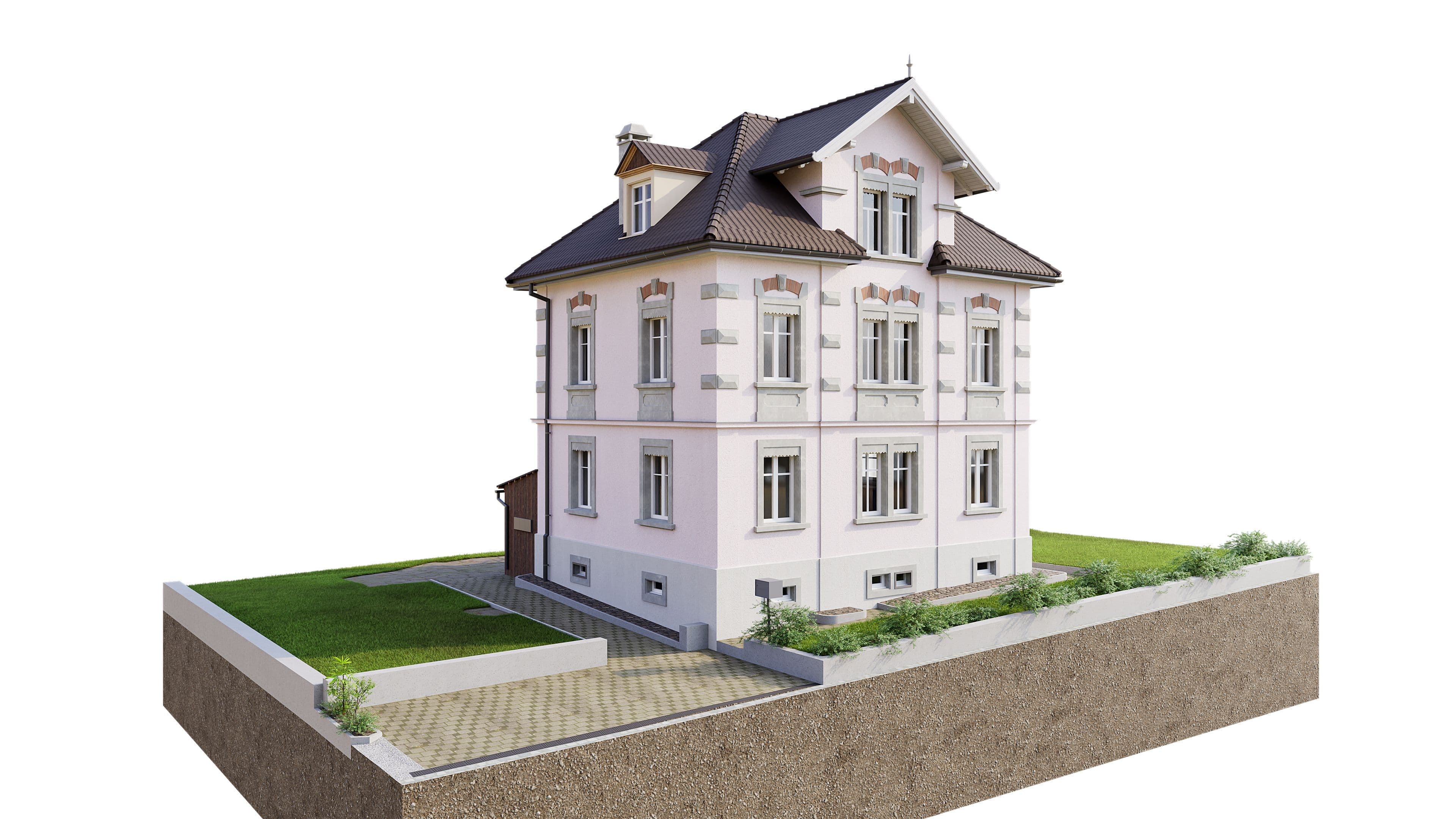 Historische Villa mit modernem Anbau, elegante Fassade, gut gepflegter Garten, klare Linien.