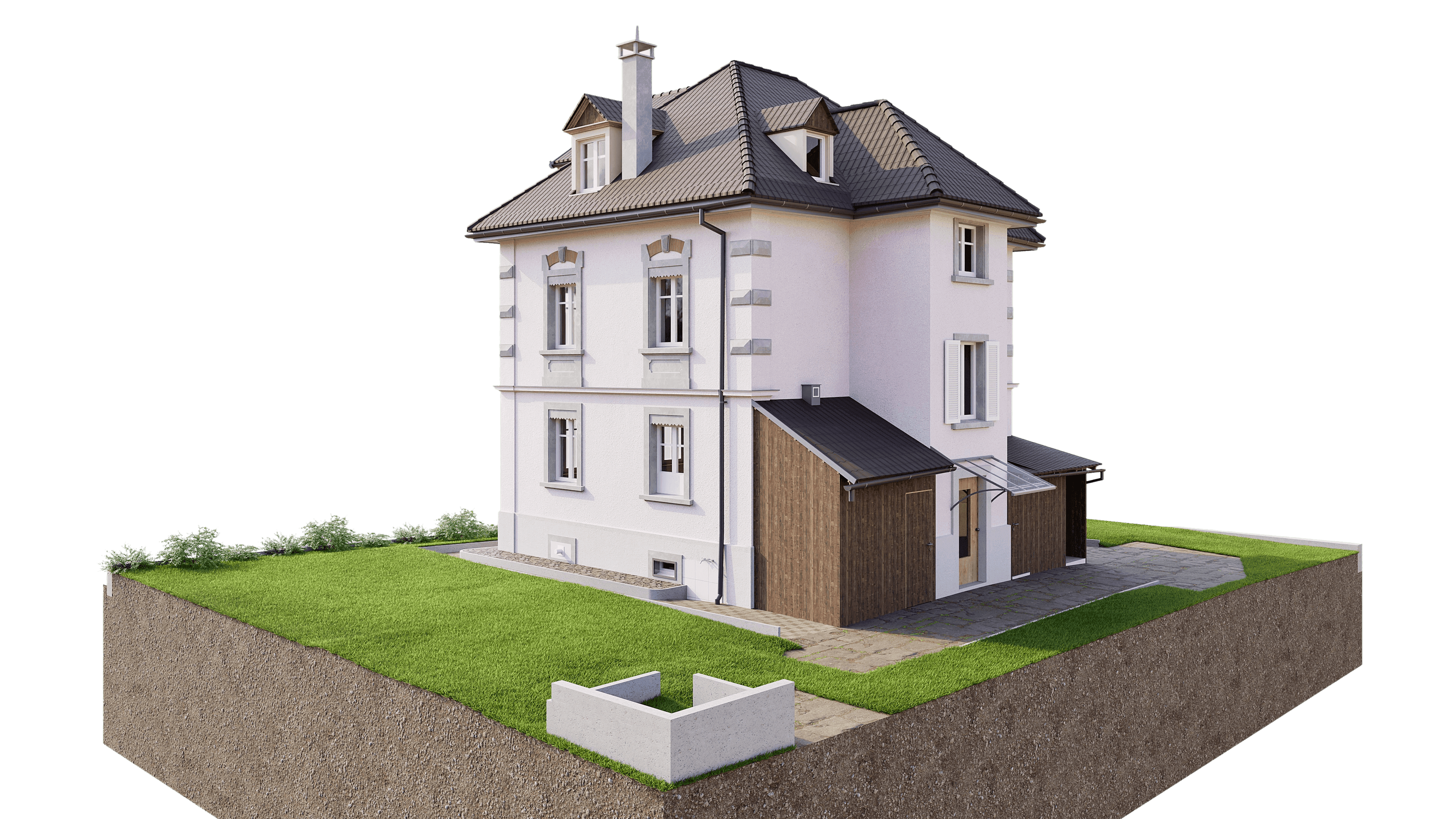 Ein modernes, zweistöckiges Haus mit grauem Dach, umgeben von einem gepflegten Garten.