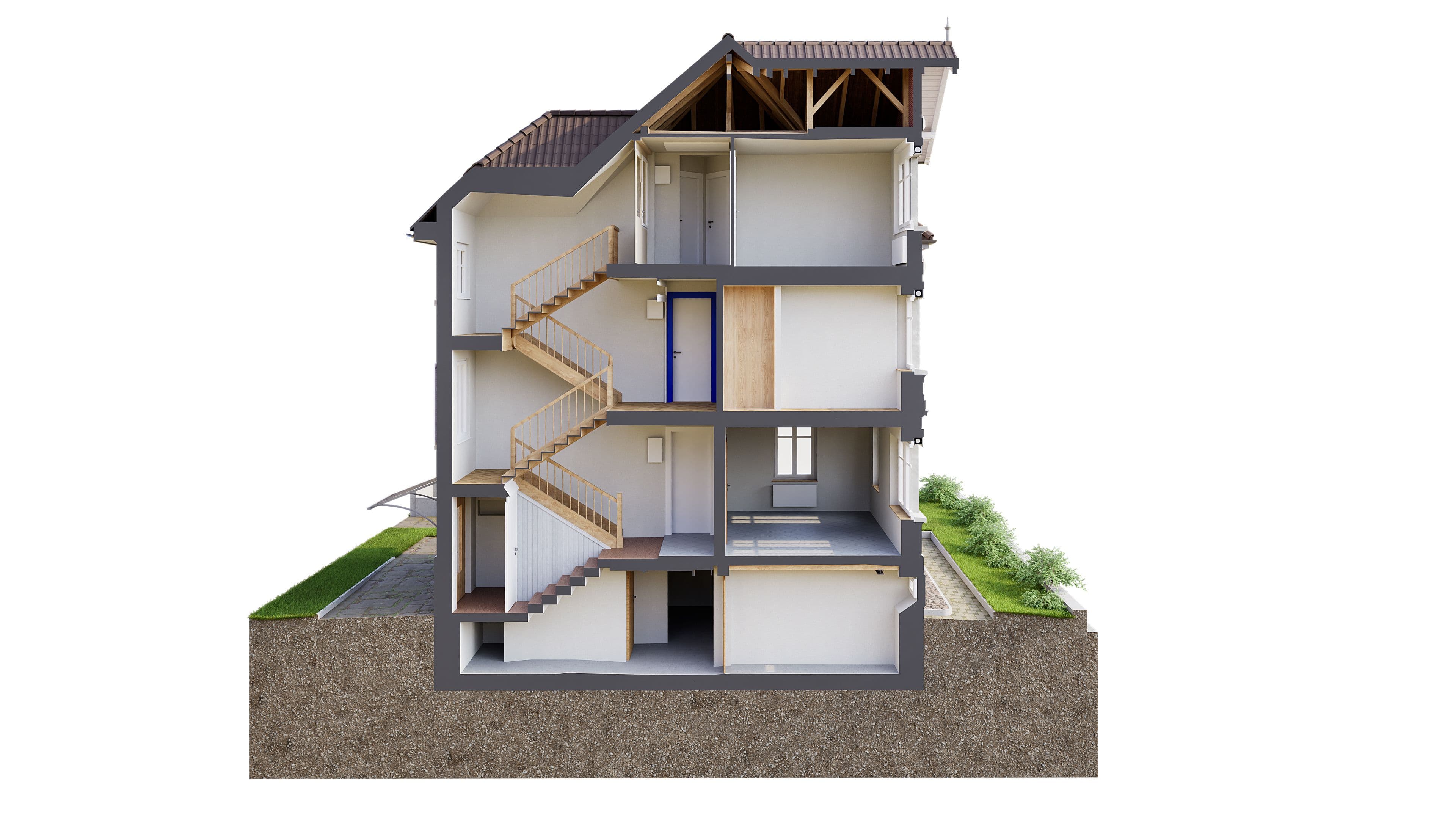 Ein vertikaler Schnitt eines dreistöckigen Hauses zeigt Struktur, Treppen und Innenräume in moderner Bauweise.