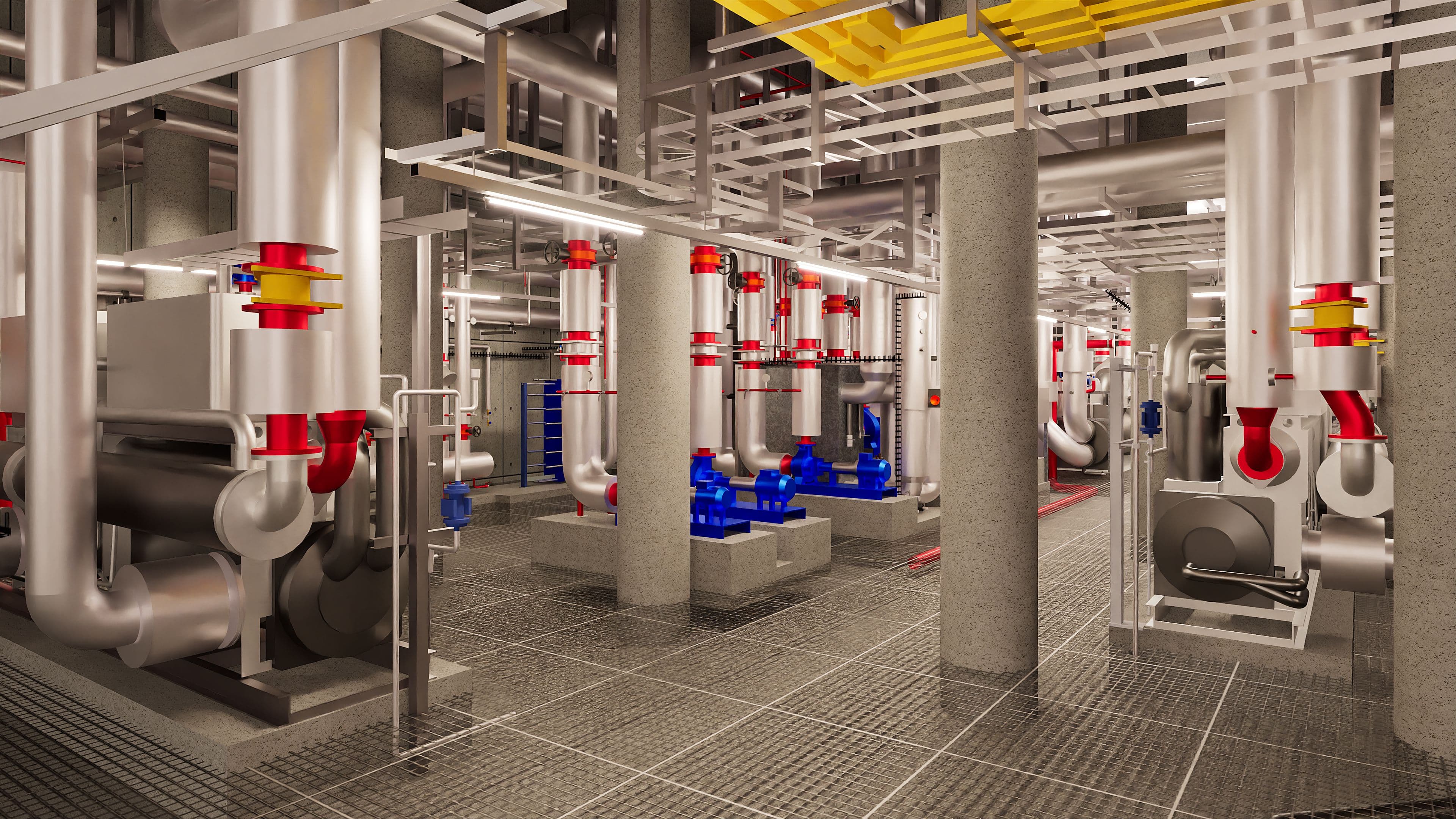 Ein modernes technisches Facility zeigt komplexe Rohrleitungen und raffinierte Maschinen in einem industriellen Raum.