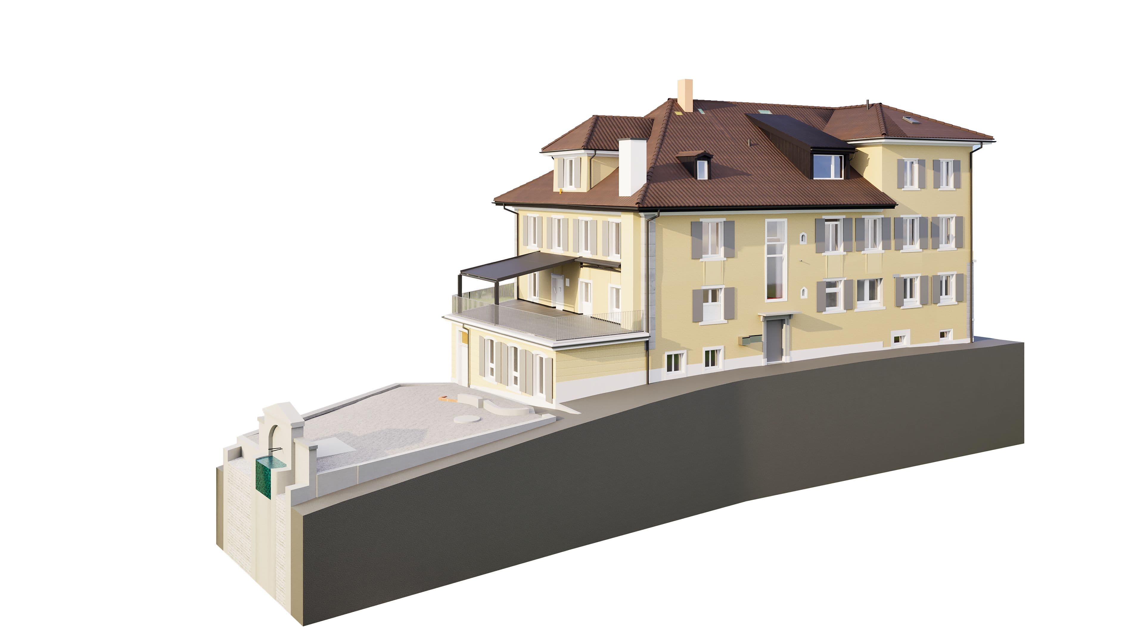 Mehrfamilienhaus mit gelber Fassade, braunem Dach und mehreren Balkonen.