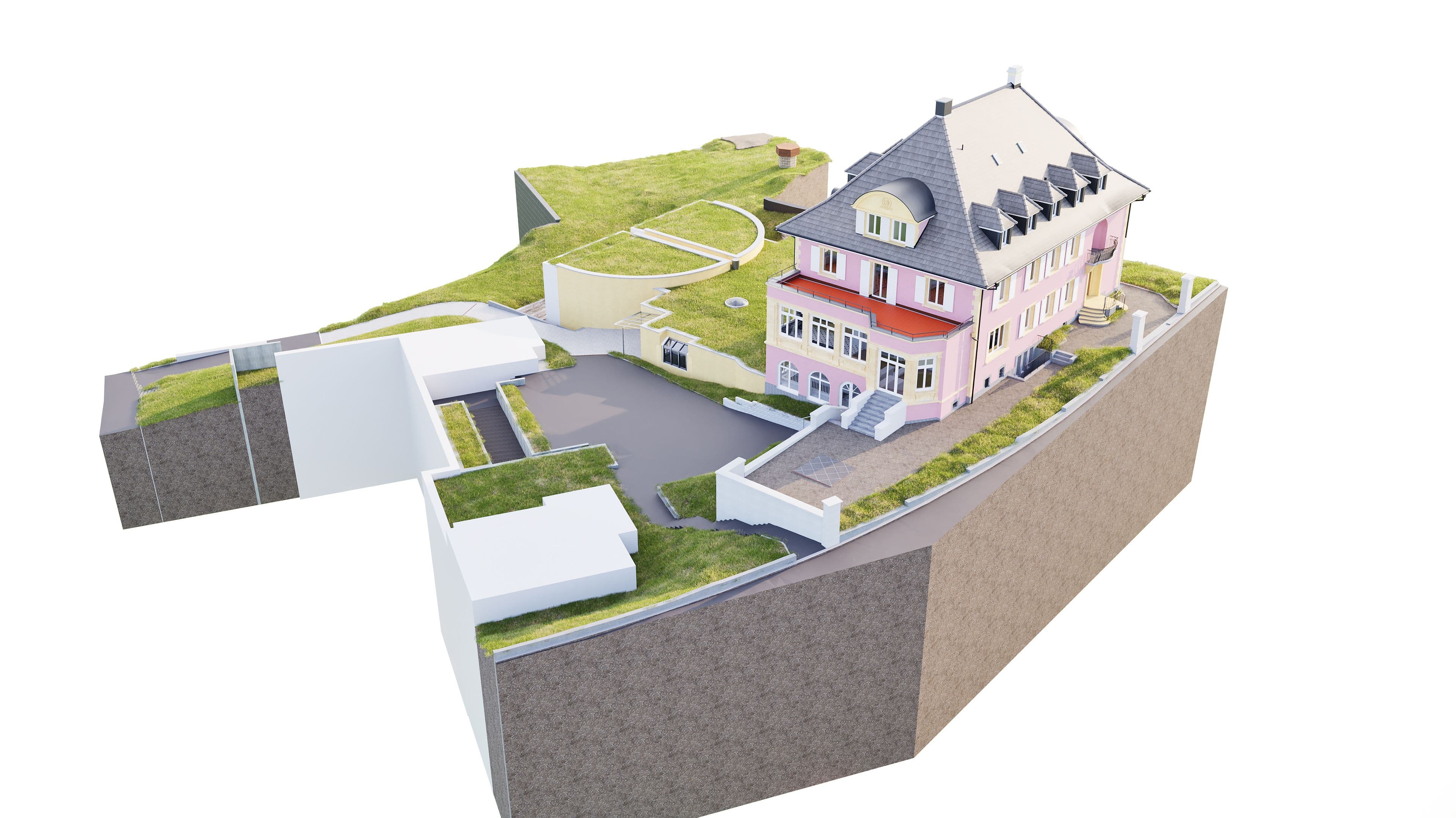 Das Bild zeigt ein großes Gebäude auf einem grünen Hügel mit umgebenden Straßen und Parkplätzen, architektonische Visualisierung.