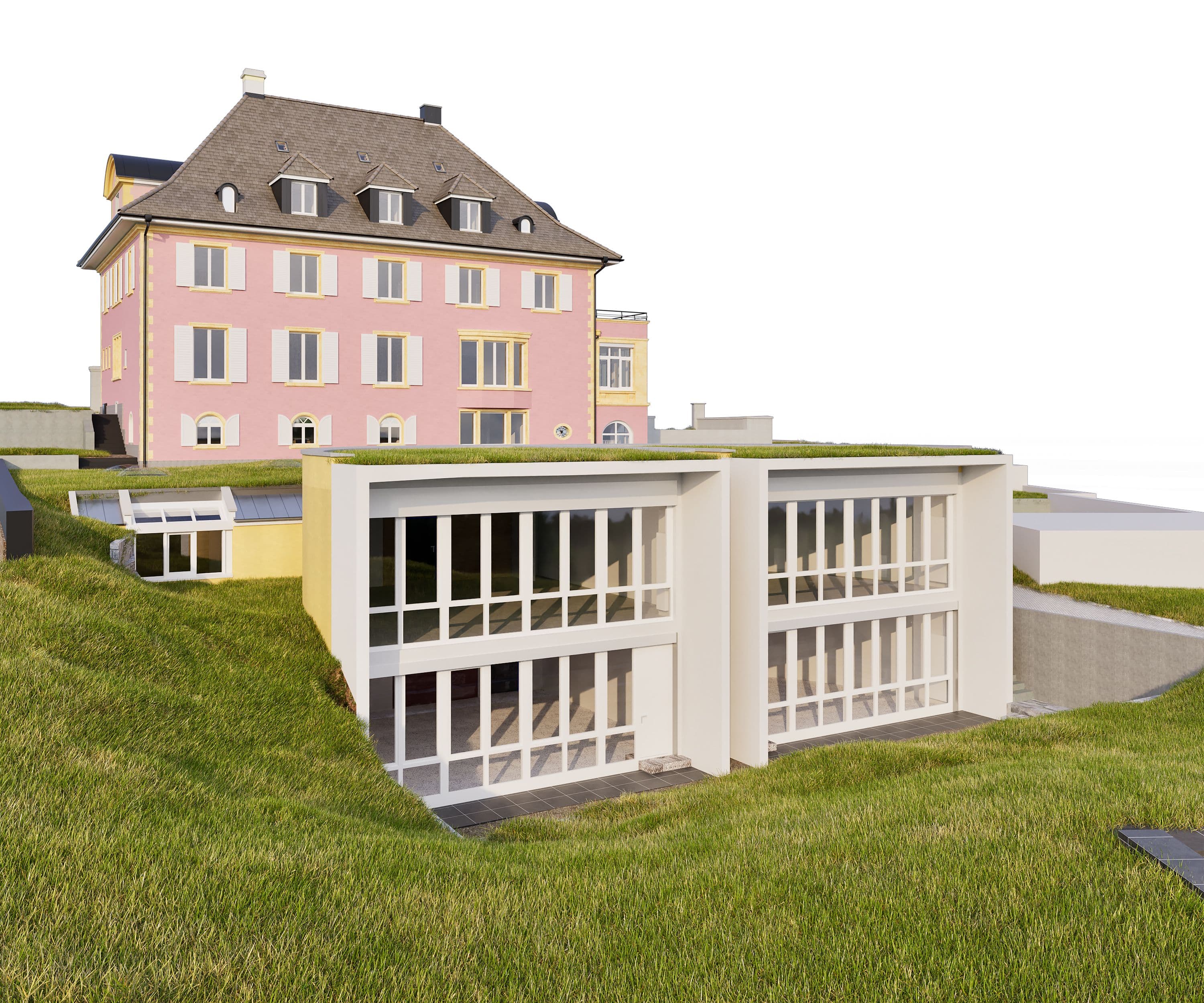 Altes rosa Haus auf Hügel mit modernen, weißen Anbauten und großen Fenstern, umgeben von grünem Rasen.