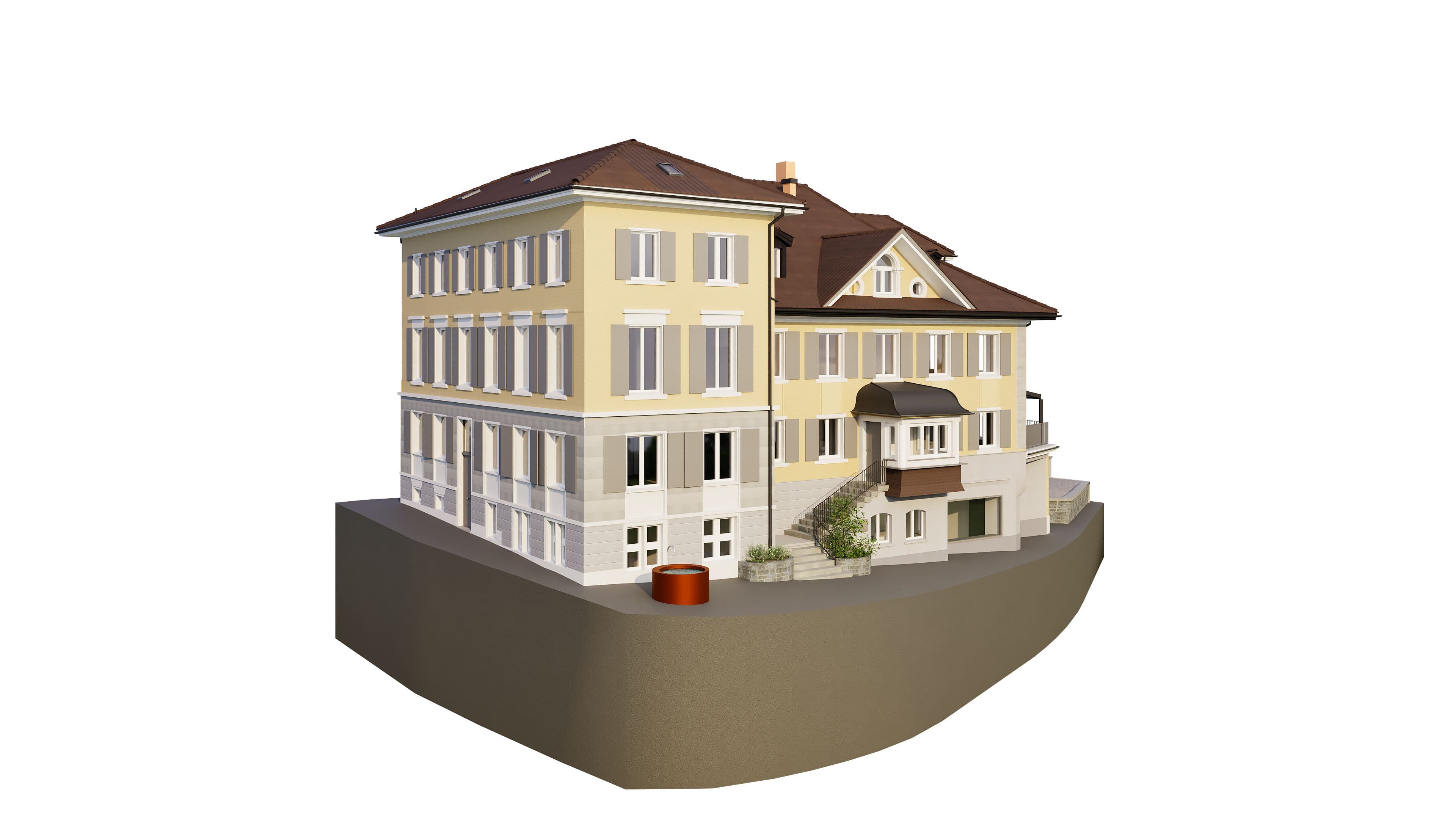 3D-Rendering eines dreistöckigen Gebäudes mit gelber Fassade und rotem Dach, umgeben von Erdreich.