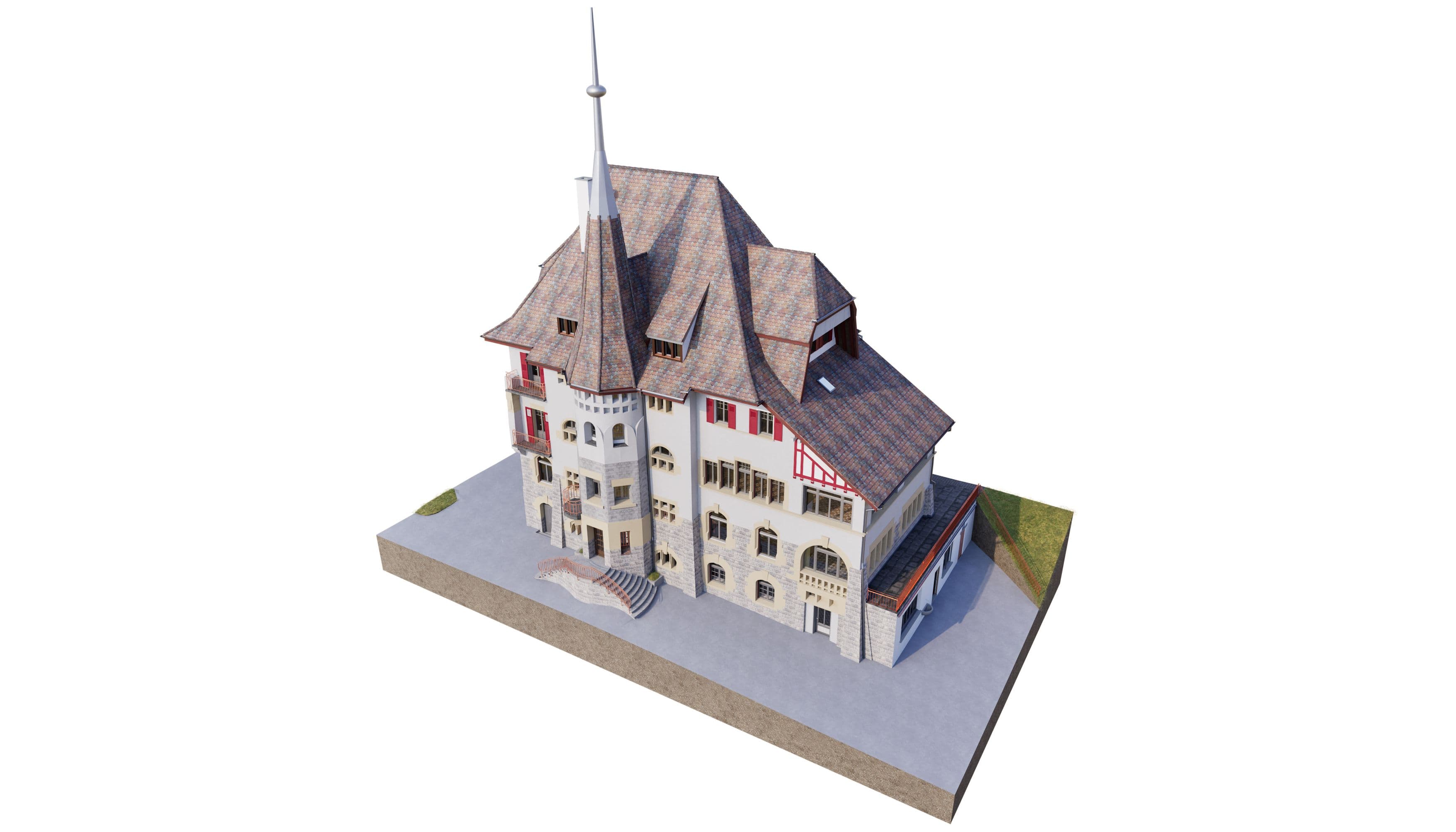 Historisches Gebäude mit markantem Turm und roten Fensterläden, 3D-Rendering.