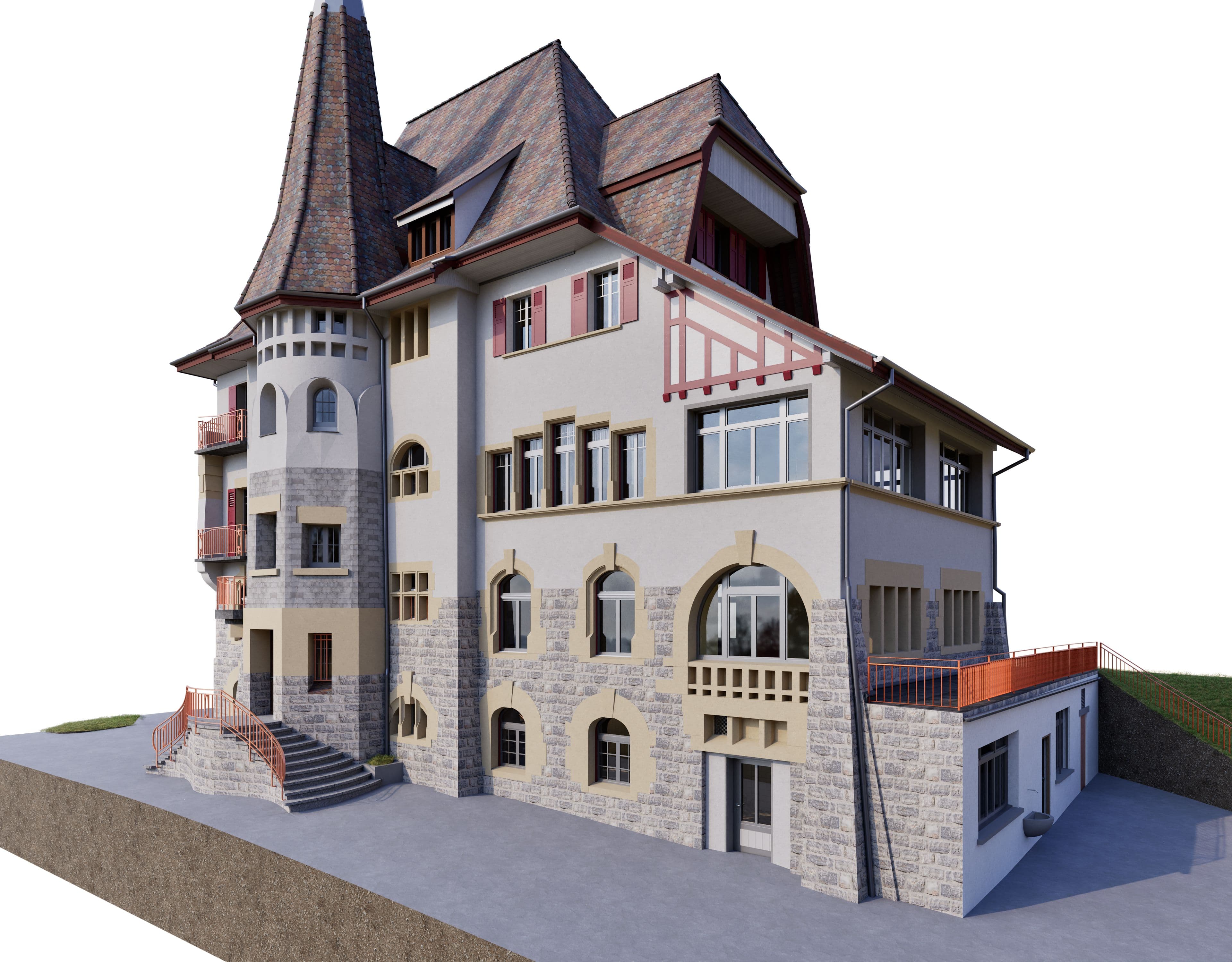 Ein historisches Gebäude mit Türmchen, Erkern und mehreren Etagen, umgeben von einer Terrasse.