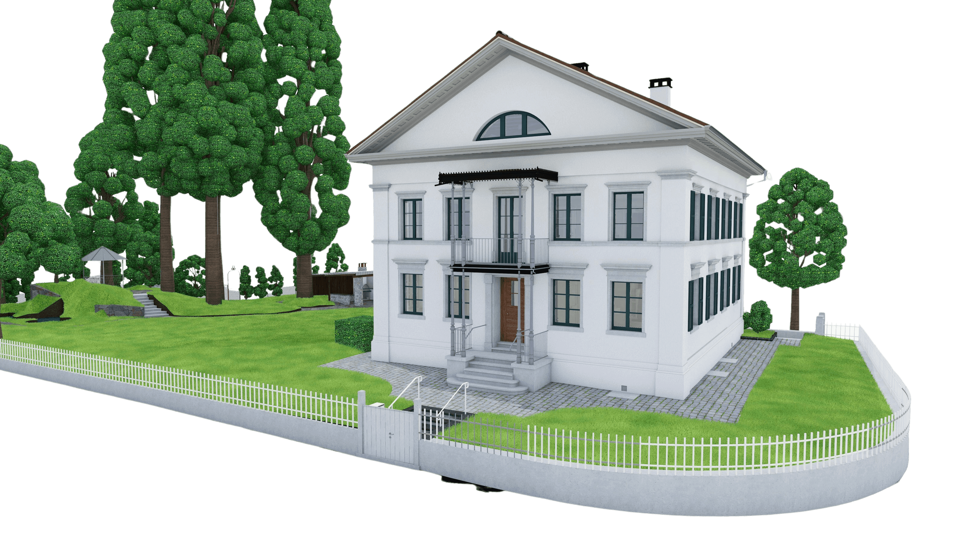 Weiße Villa mit großem Garten und Bäumen, umgeben von einem Zaun.