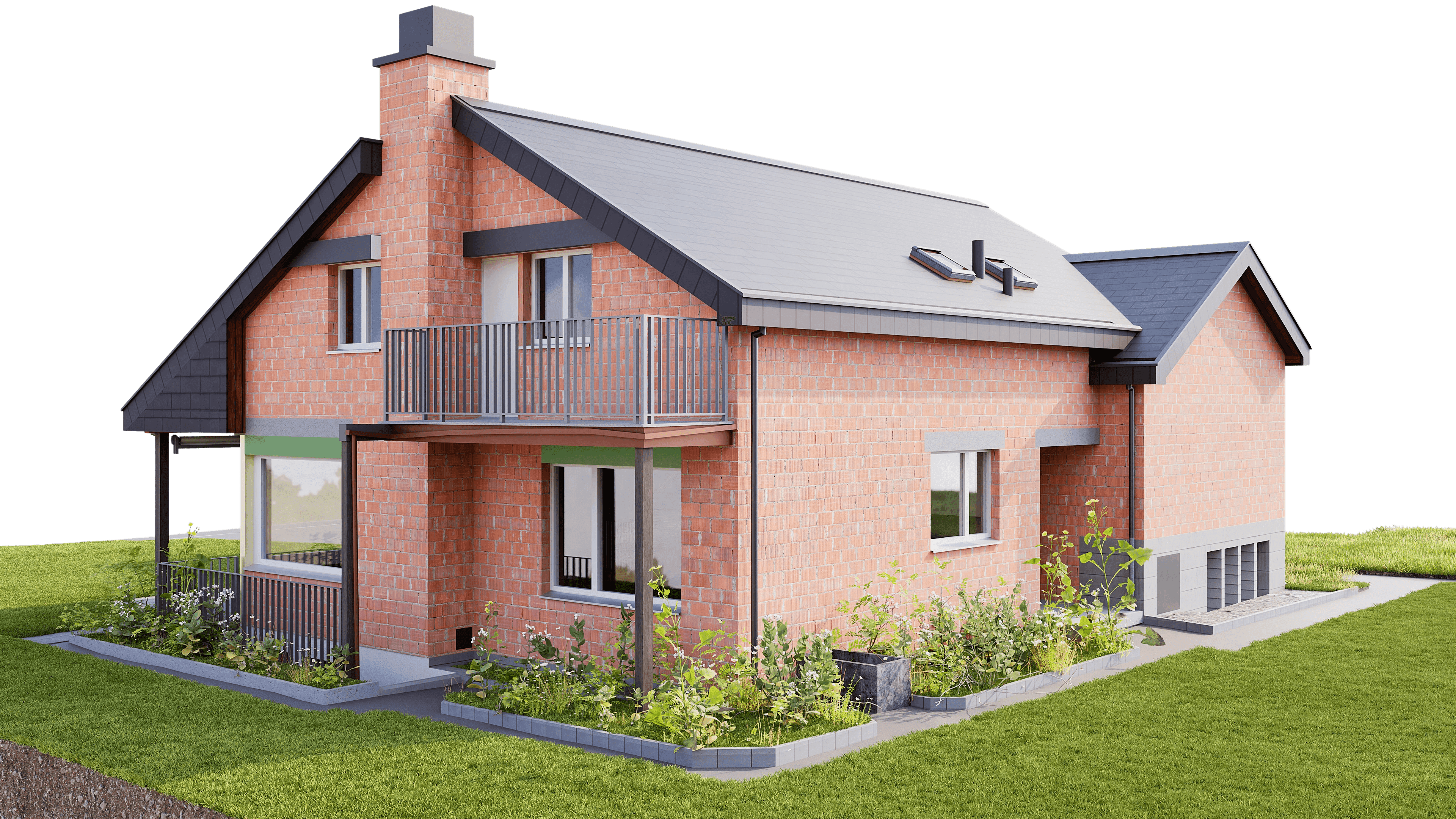 Einfamilienhaus aus Backstein mit Satteldach, großem Balkon und gepflegtem Garten.