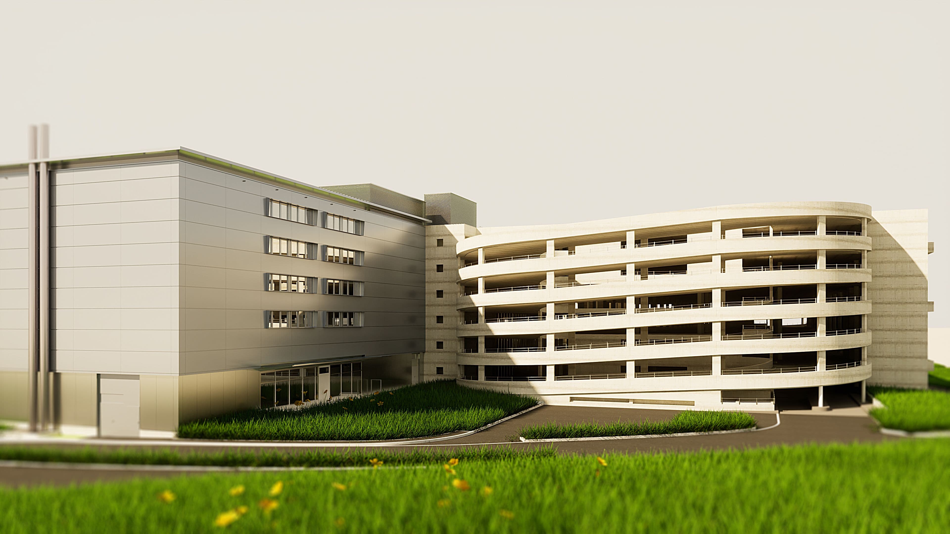 Moderner Parkhaus-Entwurf mit mehreren Etagen und begrünter Umgebung.