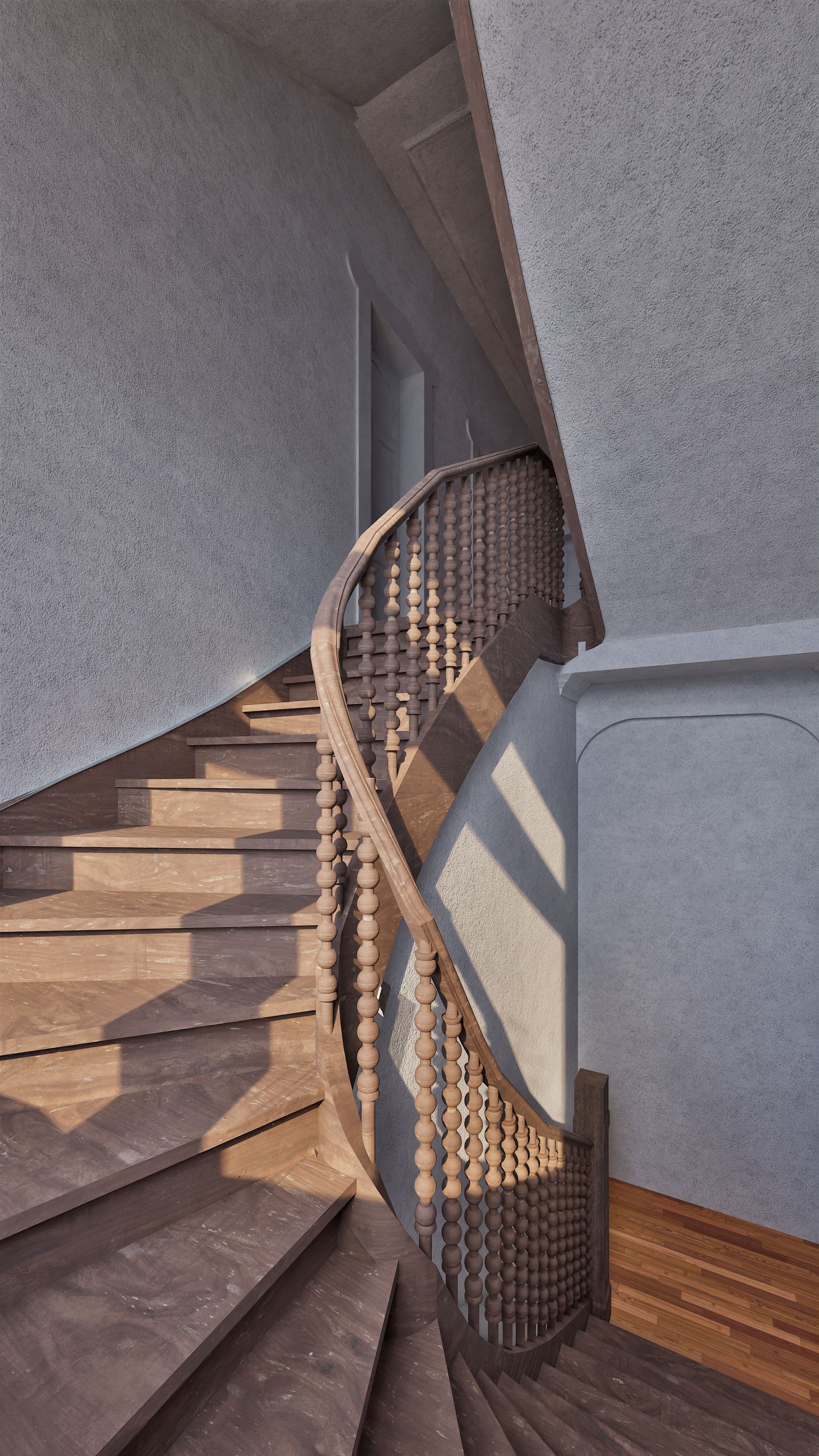 Holztreppe mit elegantem Geländer, beleuchtet durch einfallendes Licht.