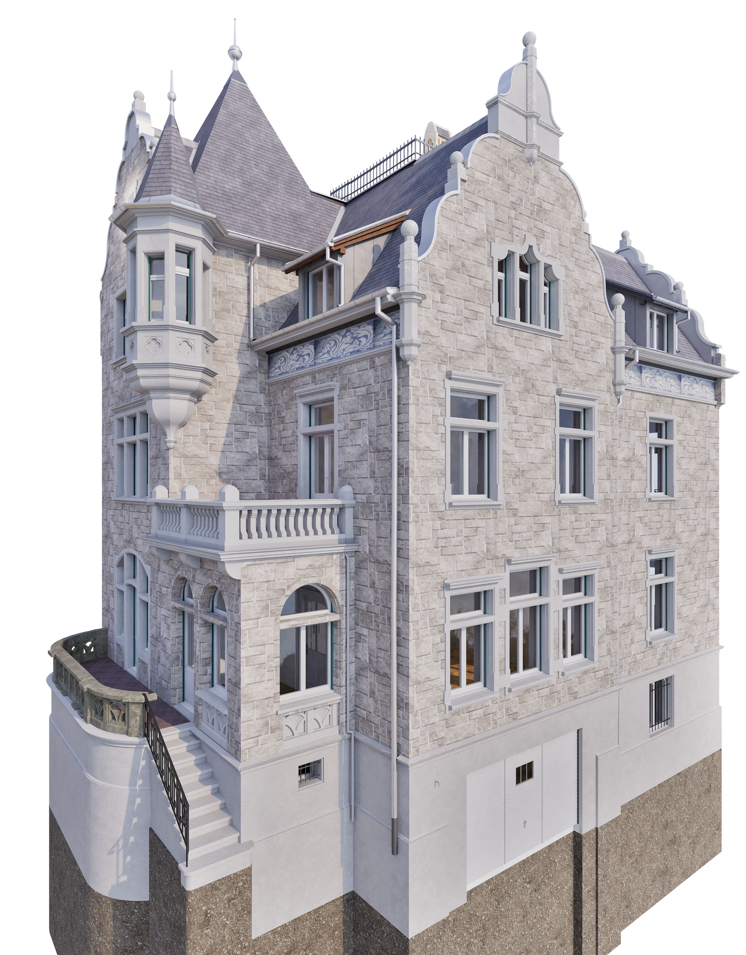 Ein historisches, dreistöckiges Gebäude mit steinverkleideter Fassade, Türmchen und dekorativen Fensterelementen.