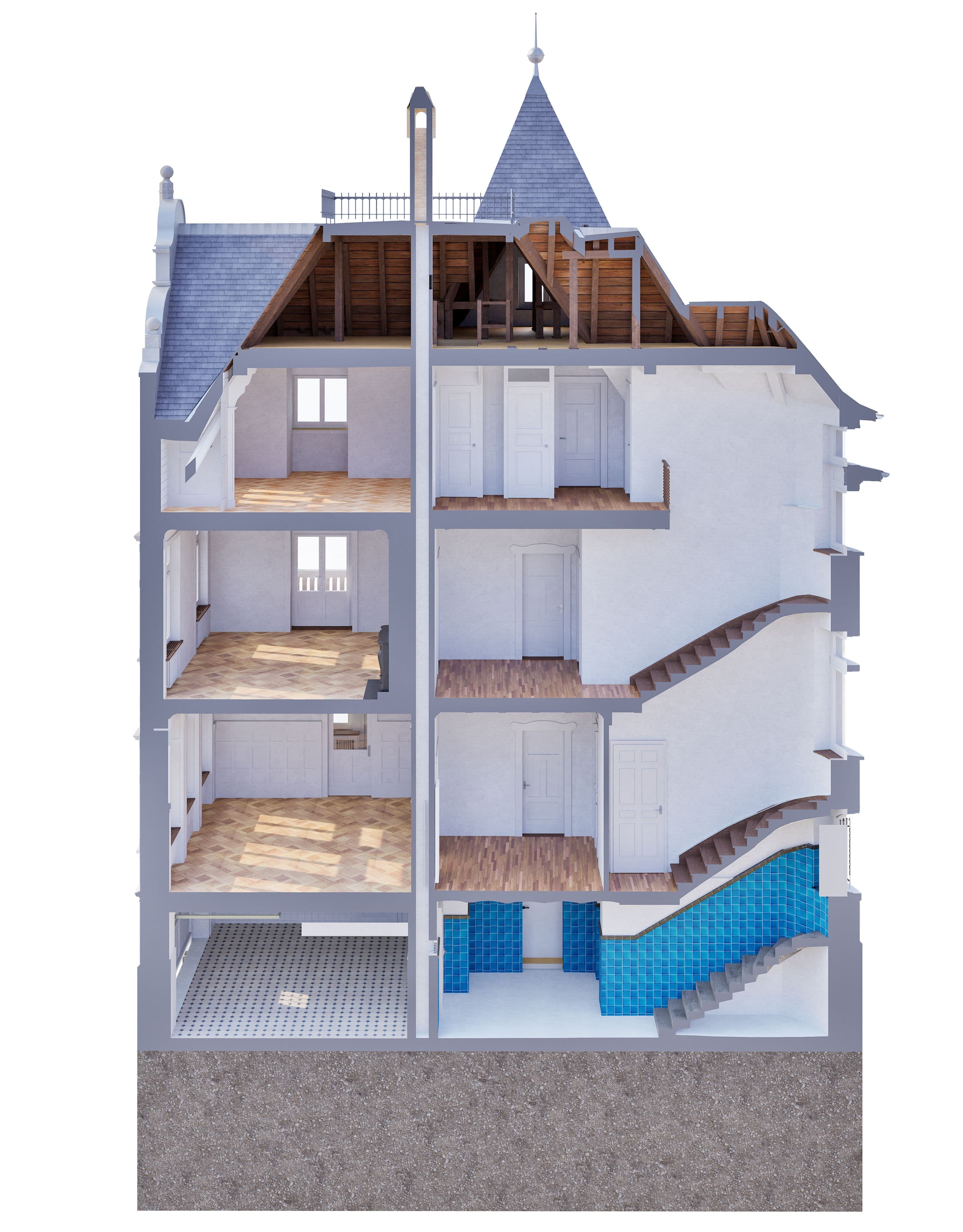 Querschnitt eines mehrstöckigen Gebäudes mit sichtbaren Räumen und Treppenhaus, ideal für Architekturstudien und Innenraumplanung.