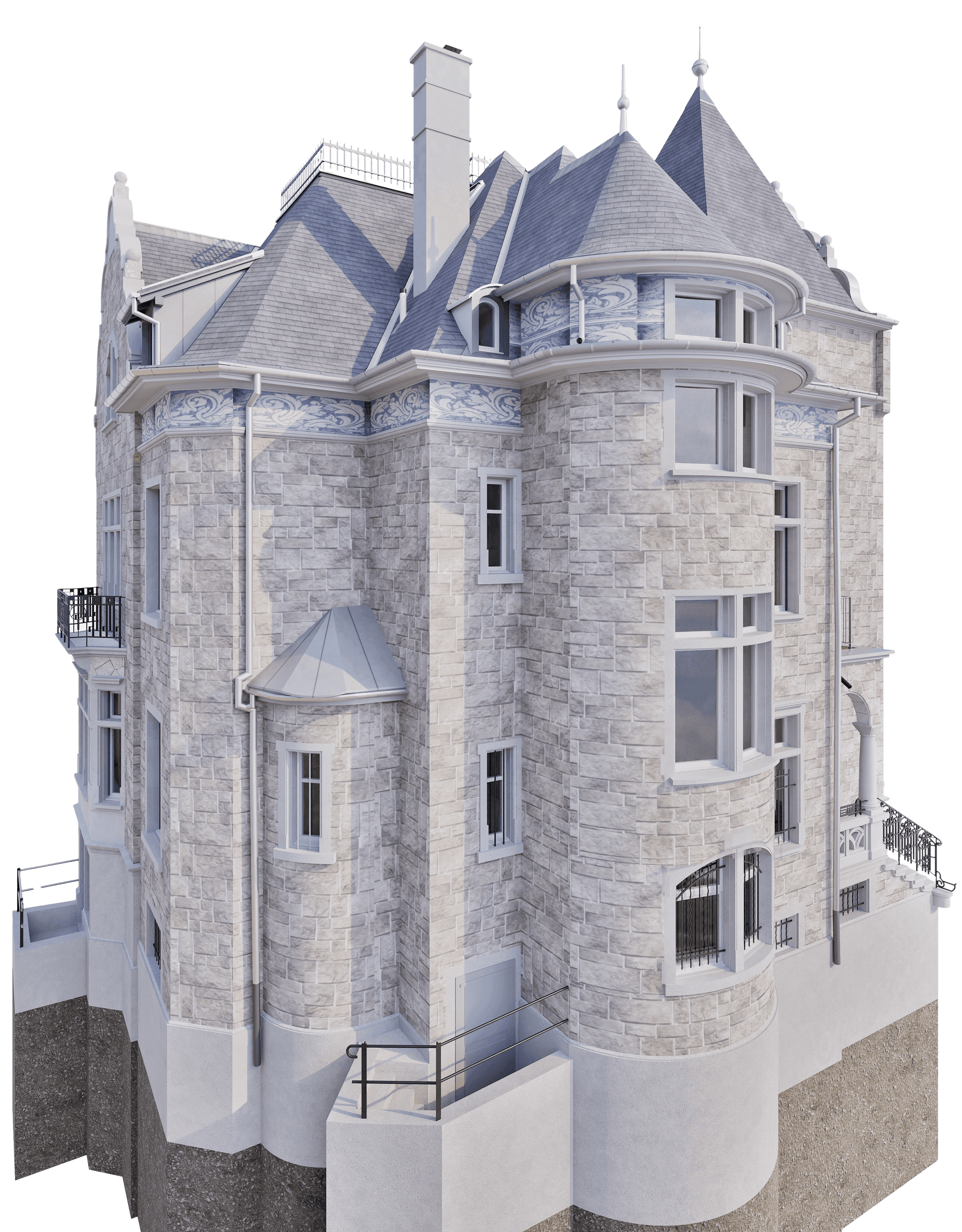 Historisches Schloss mit Türmchen und Steinmauern, architektonisches Detail, helle Fassade.