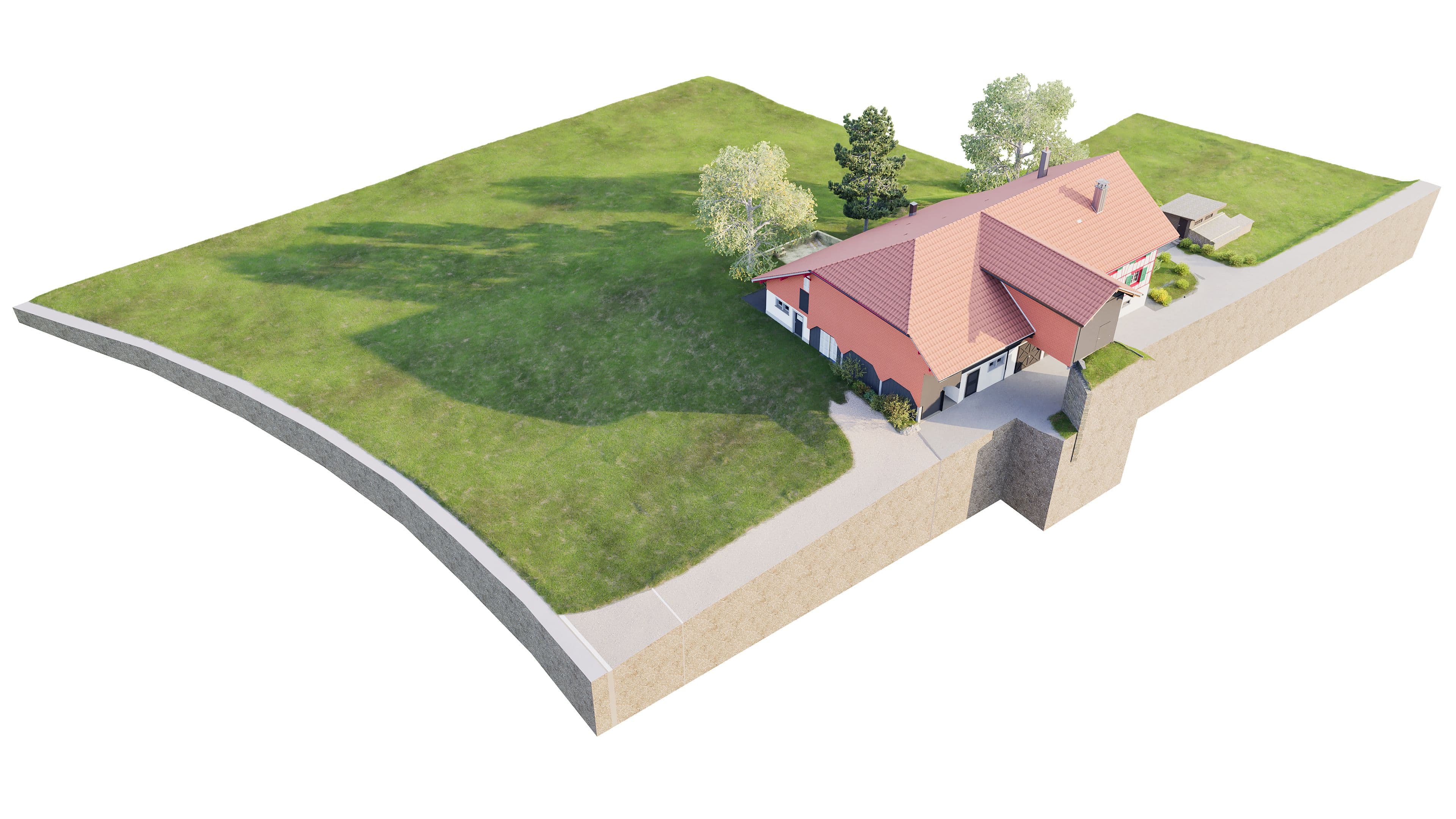 3D-Modell eines Einfamilienhauses mit rotem Dach auf einem grünen Grundstück, umgeben von Bäumen und Rasenfläche.
