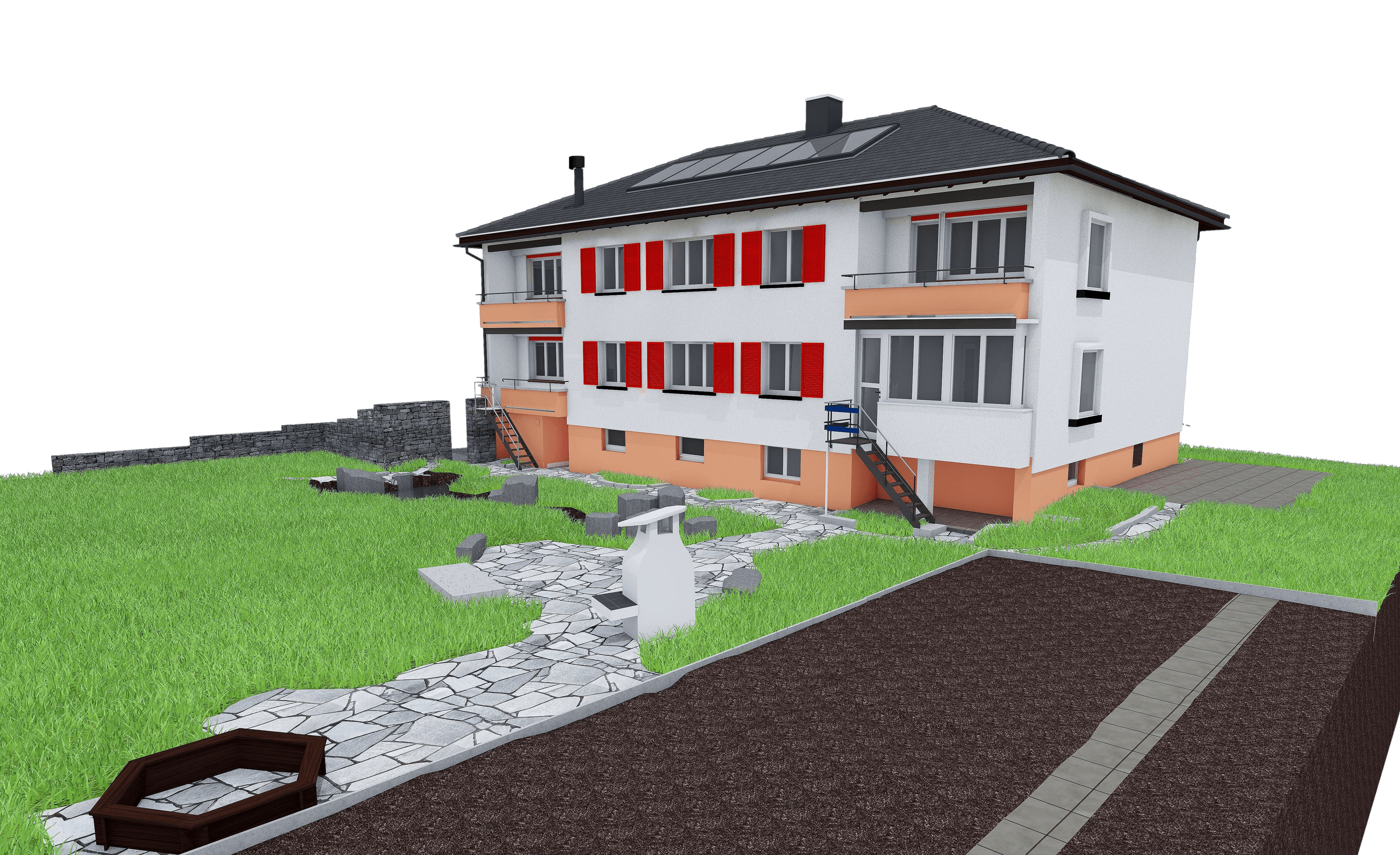 Entwurf eines zweistöckigen Hauses mit roter Fassade, Garten und Terrasse.