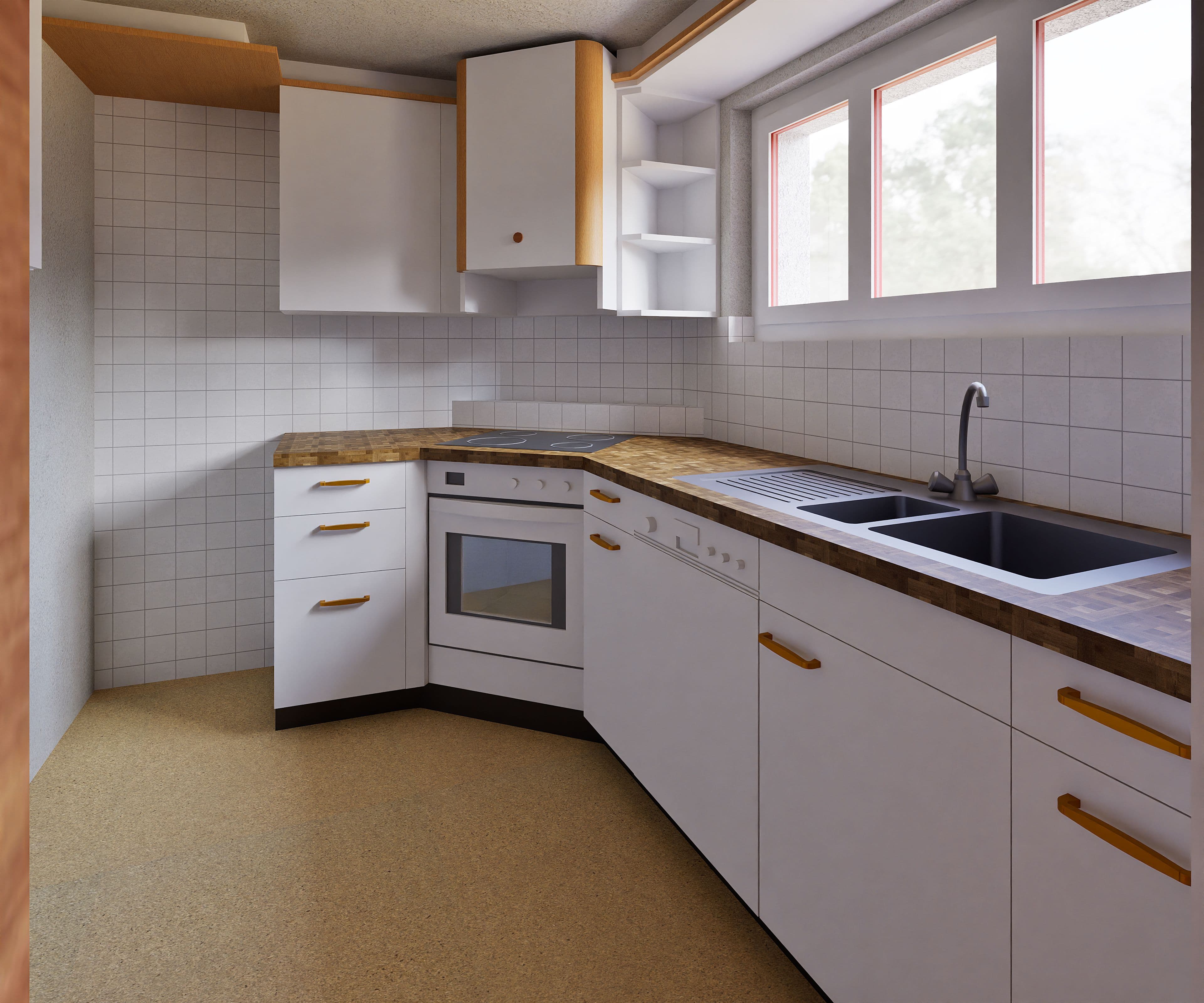 Helle L-förmige Küche mit weißen Schränken, Holzarbeitsplatte, Einbauherd, Doppelspüle, Fliesenrückwand und großem Fenster; schlichte, funktionale Küchenzeile im Innenraum.