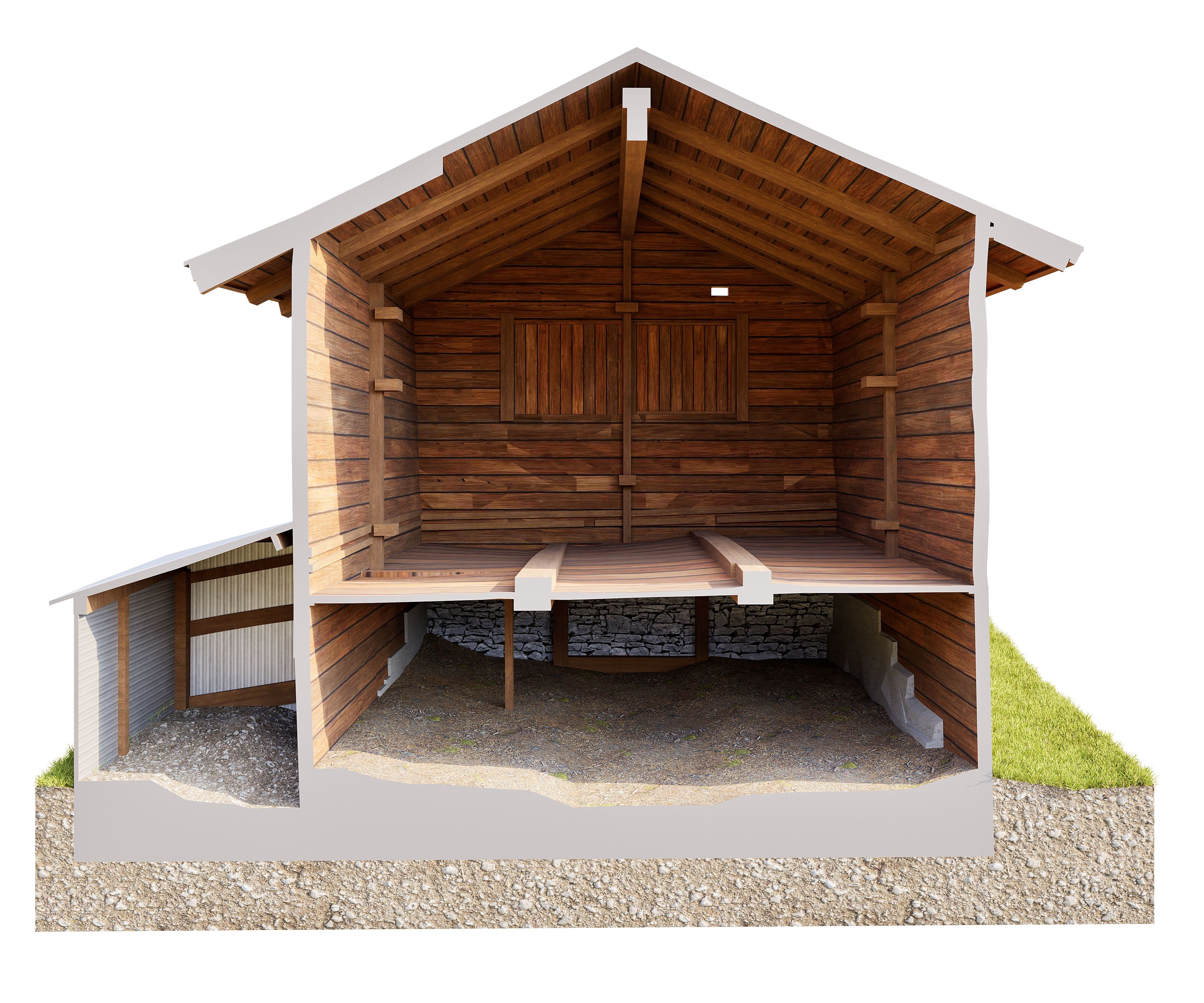 3D-Schnittansicht einer Holzscheune mit Satteldach: Innenraum mit Holzbalken, Zwischenboden und Unterbau auf Steinfundament, links Anbau; technische Architektur-Visualisierung.