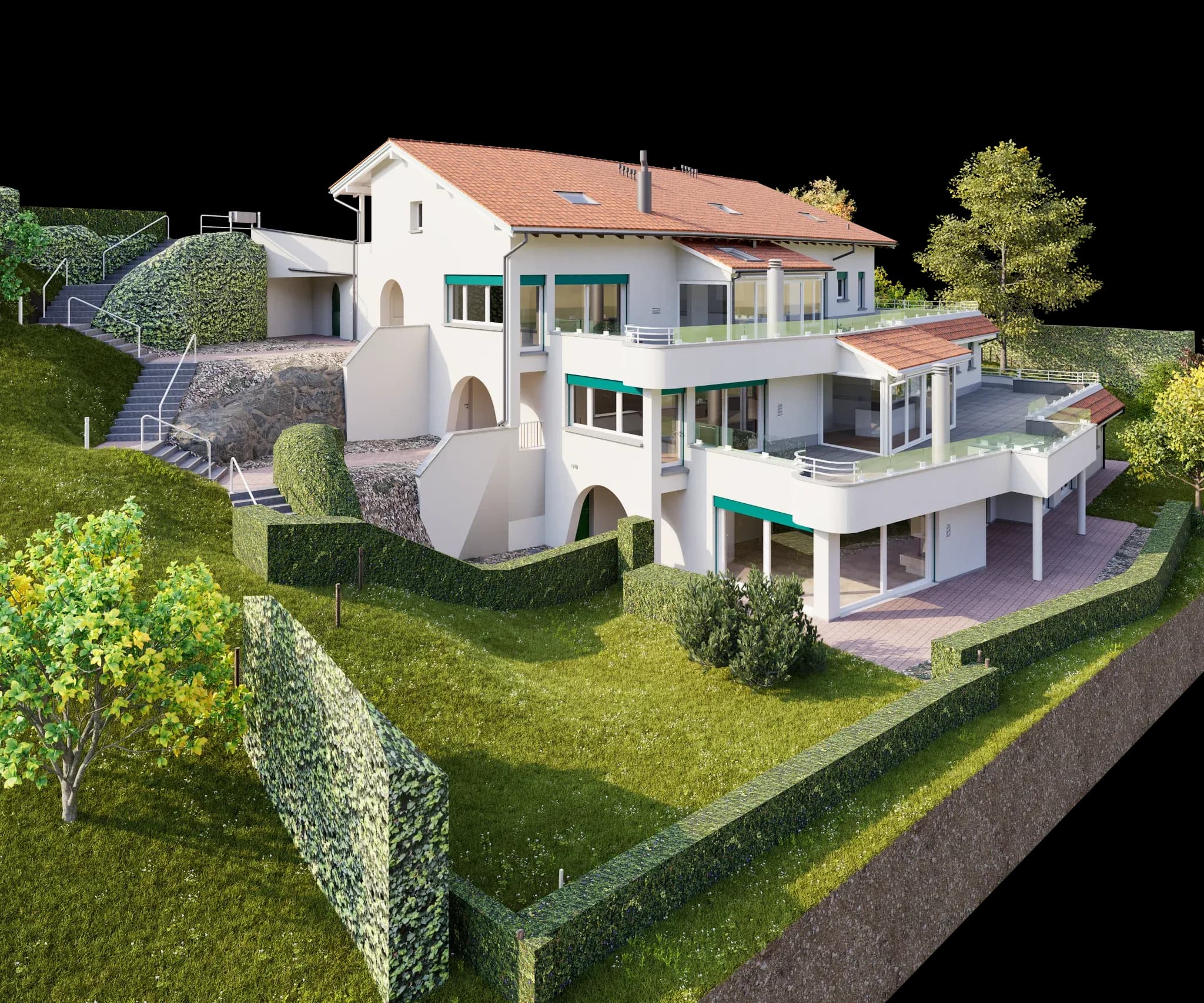3D-Architekturvisualisierung eines modernen Einfamilienhauses mit roten Ziegeldach, großen Terrassen und Balkonen, gepflegtem Garten mit Hecken, Hanglage und Zufahrt.