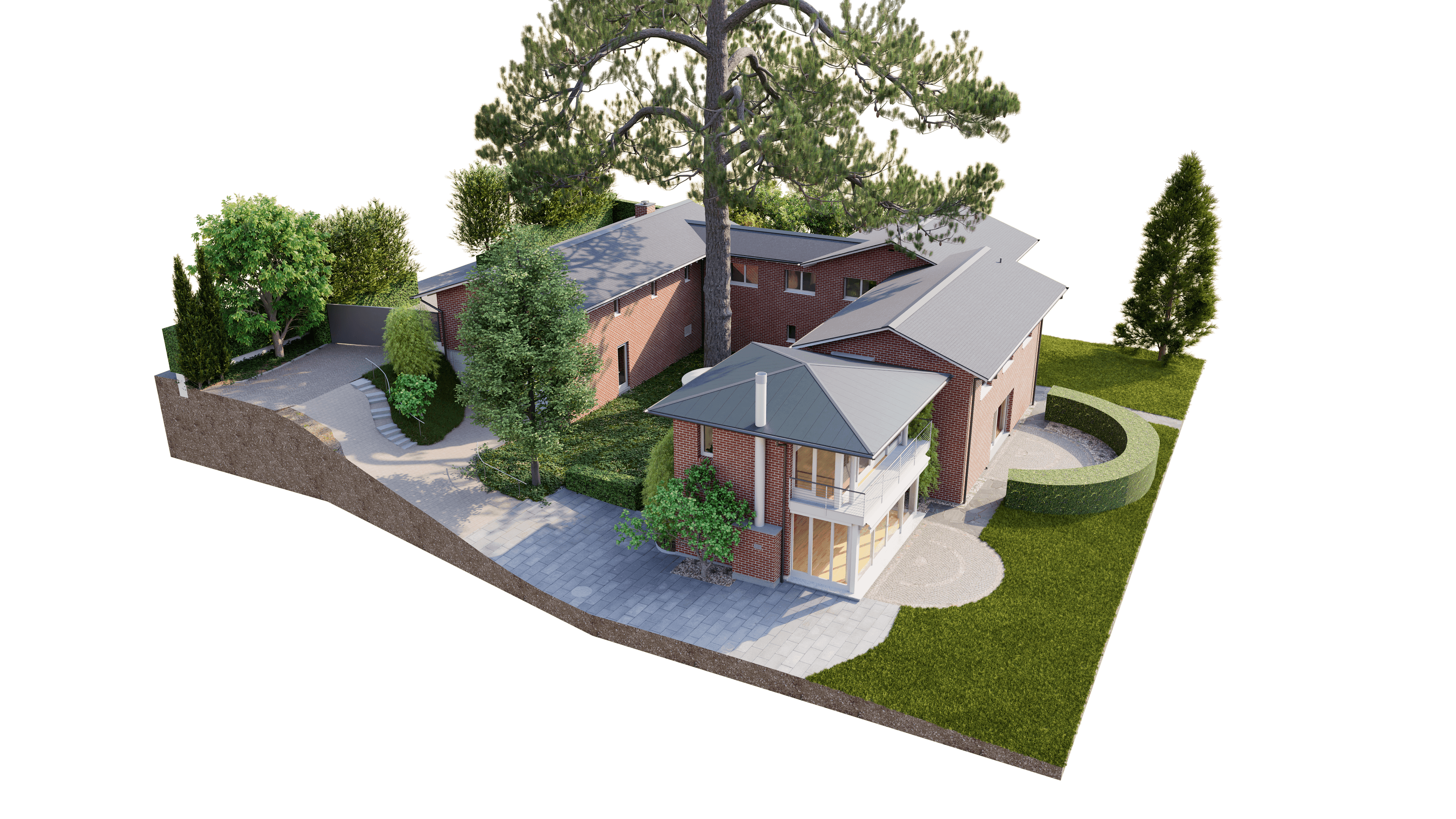 3D-Architektur-Rendering eines modernen Einfamilienhauses mit Ziegel- und Holzelementen, großer Terrasse, Auffahrt und Garten mit Bäumen und Hecken, Vogelperspektive.