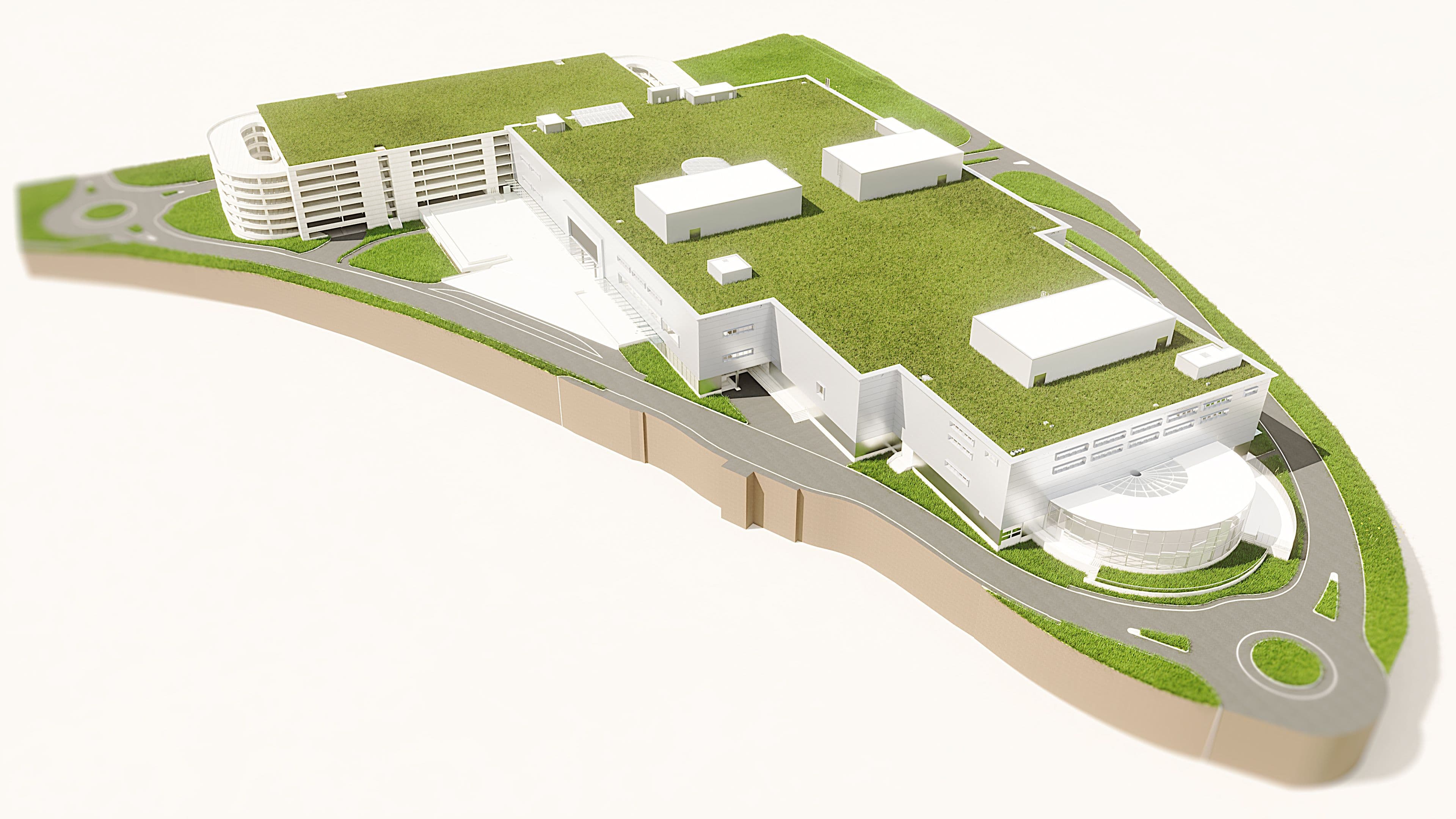 3D-Modell einer modernen Stadtplanung mit Gebäuden und Grünflächen.