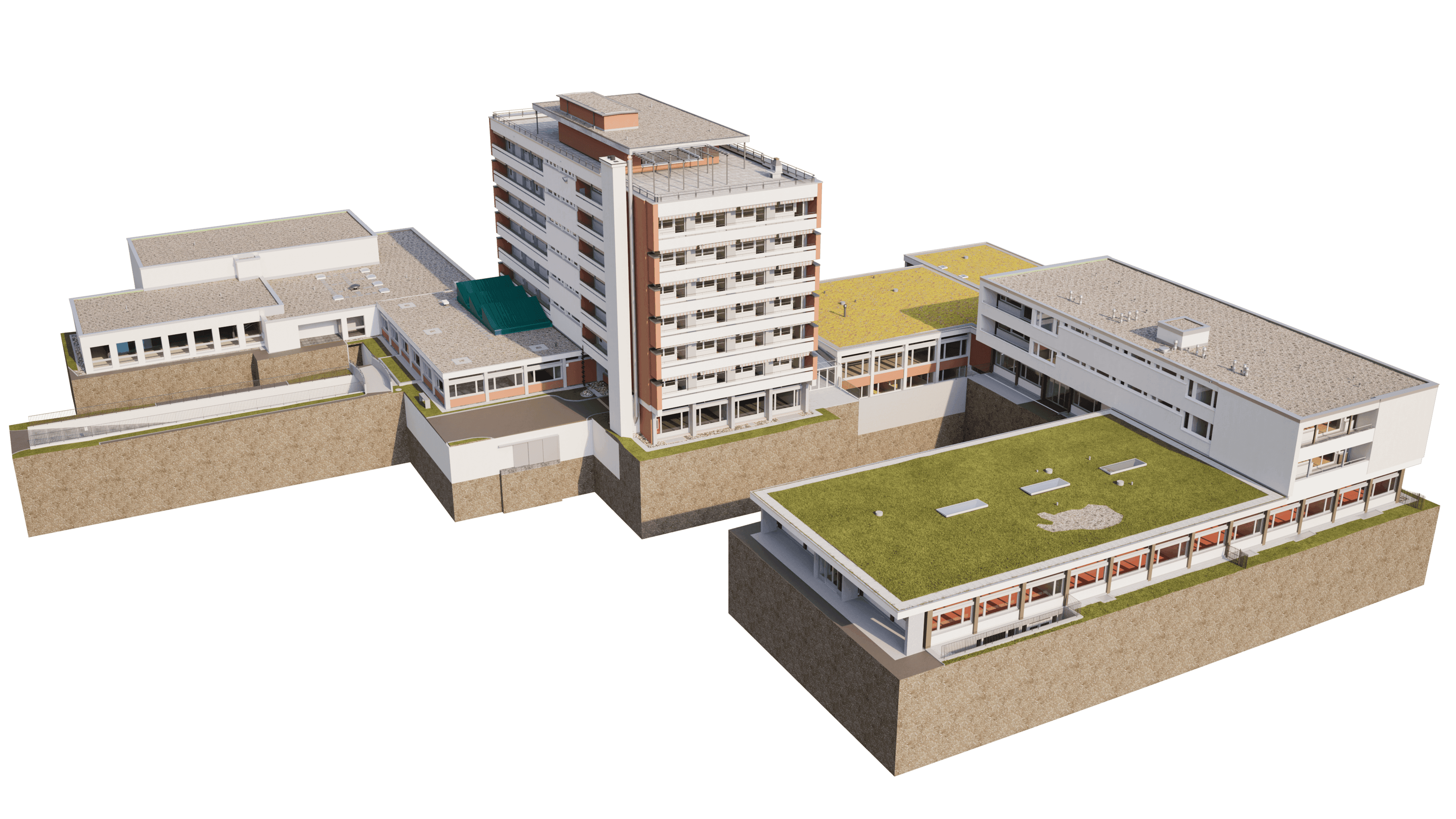 3D-Architekturvisualisierung eines modernen Campus- oder Klinikkomplexes mit mehreren Flachbauten und einem zentralen Hochhaus, verbunden durch Wege und Höfe, mit begrünten Dachflächen.