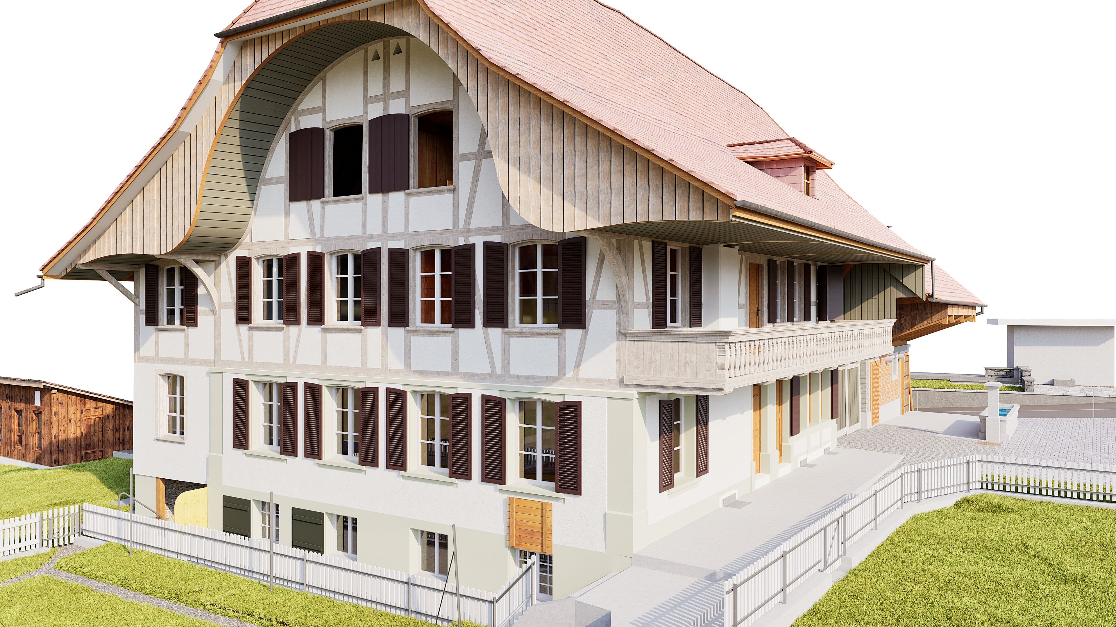 3D-Visualisierung eines renovierten traditionellen Bauernhauses mit Satteldach, Fachwerkfassade, Fensterläden und Balkon, umgeben von Garten und Zaun.