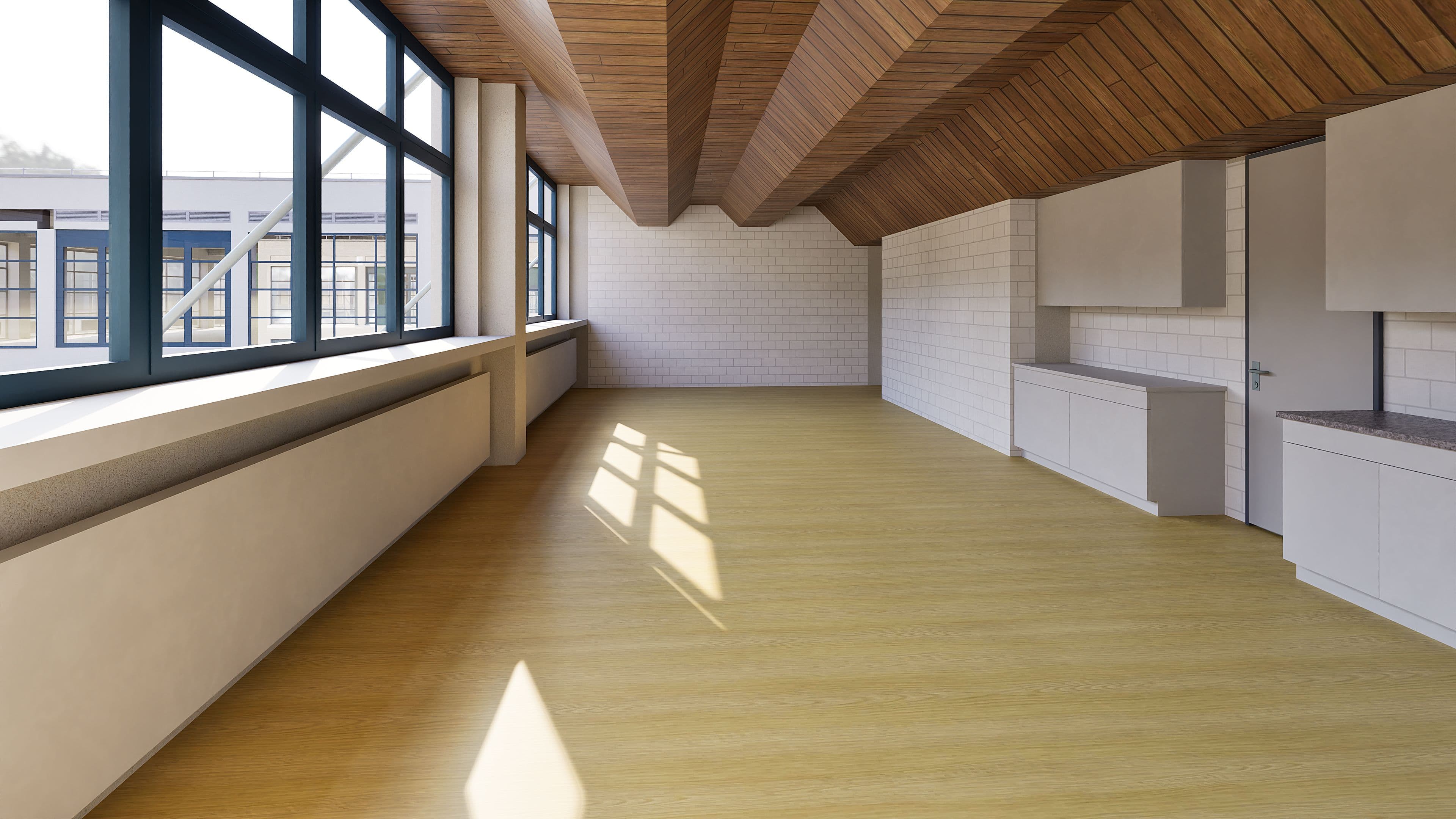 Helles Dachgeschoss-Atelier mit großen Fensterfronten, Holzbalkendecke, hellem Boden und weißer Küchenzeile; Sonnenlicht fällt in den leeren Raum.