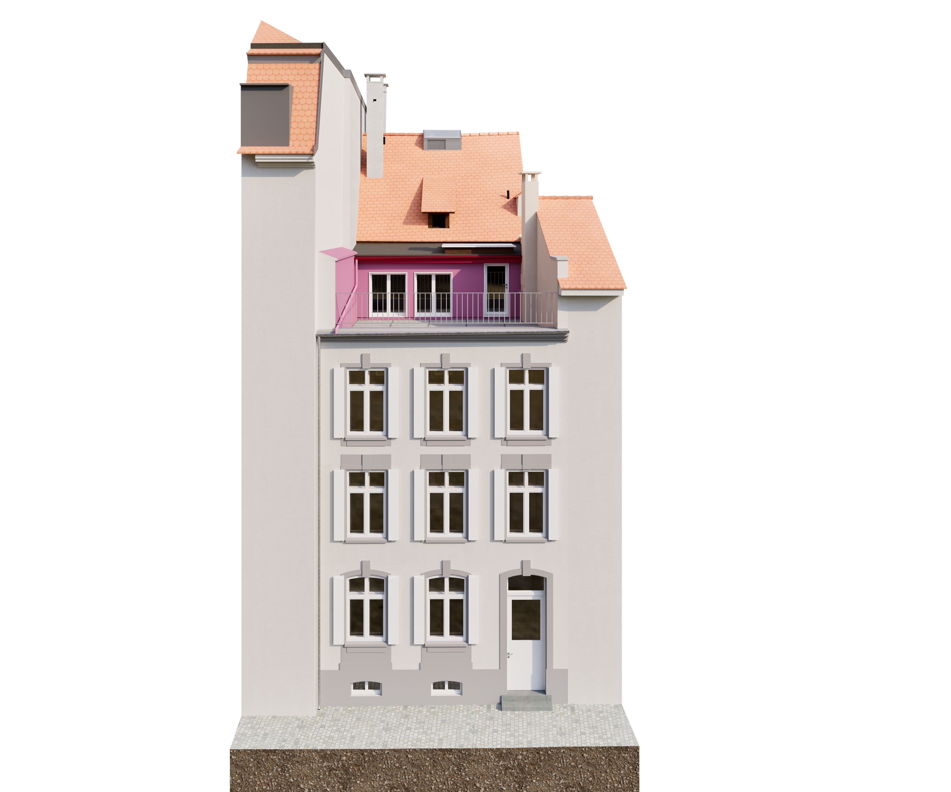 3D-Architekturvisualisierung einer mehrstöckigen Hausfassade mit Satteldach, Balkon im Dachgeschoss, großen Fenstern und Eingangstür, freigestellt auf weißem Hintergrund.