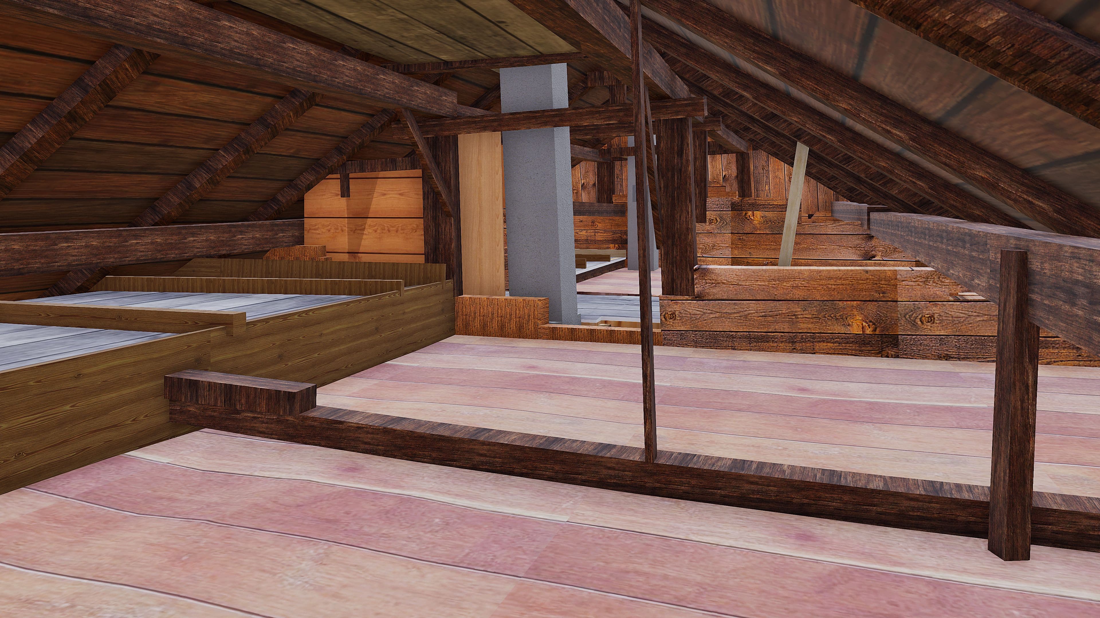 Holz-Dachboden mit sichtbaren Balken, Dachschrägen und Bodenplanken, rustikale Innenansicht eines ausgebauten Dachraums mit Abtrennungen und Stützbalken.