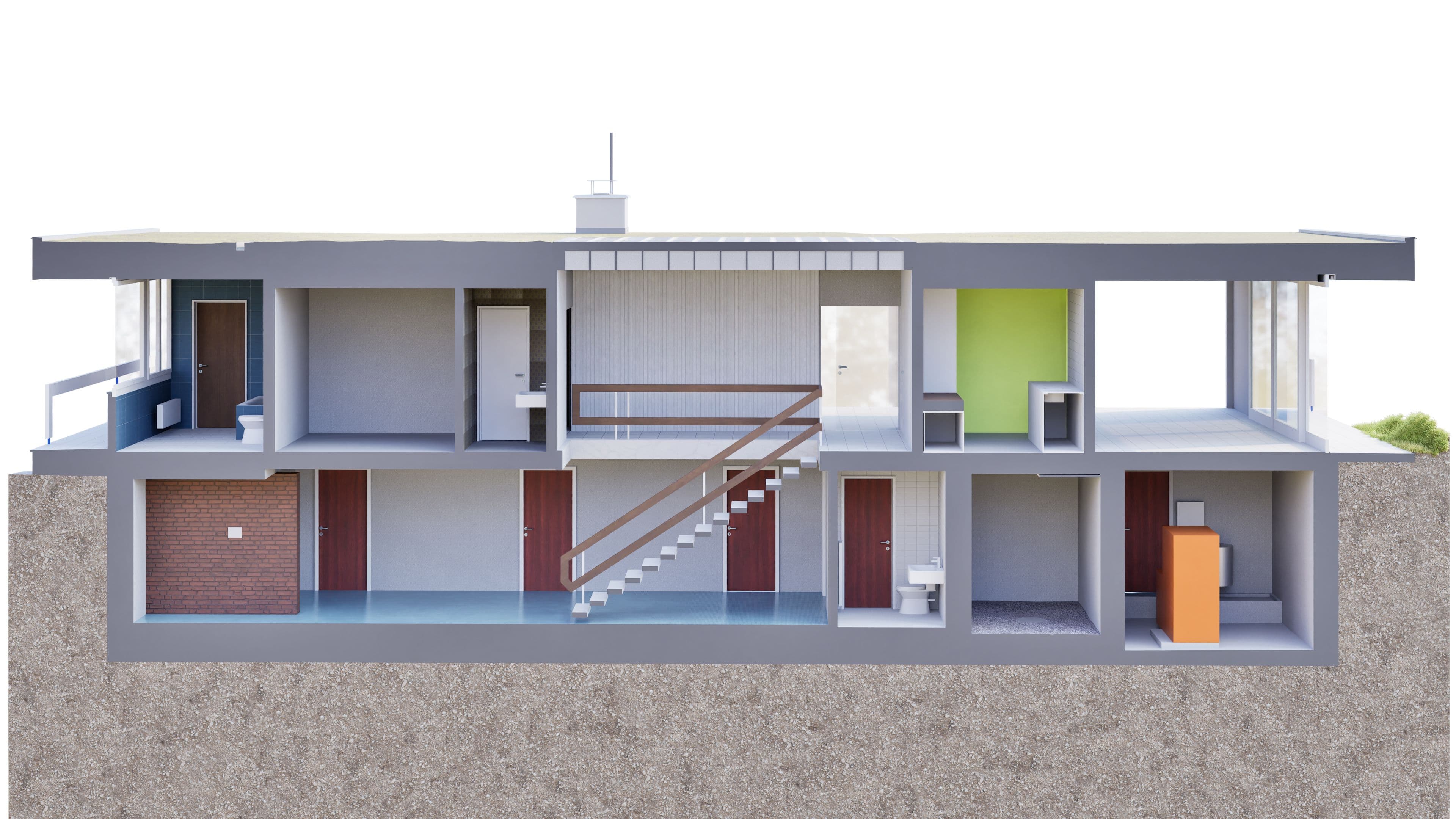 3D-Schnittansicht eines modernen Einfamilienhauses: Innenräume mit Treppe, Türen, Fenstern, Badezimmer und Technikraum, Querschnitt durch Erdreich und Fundament.