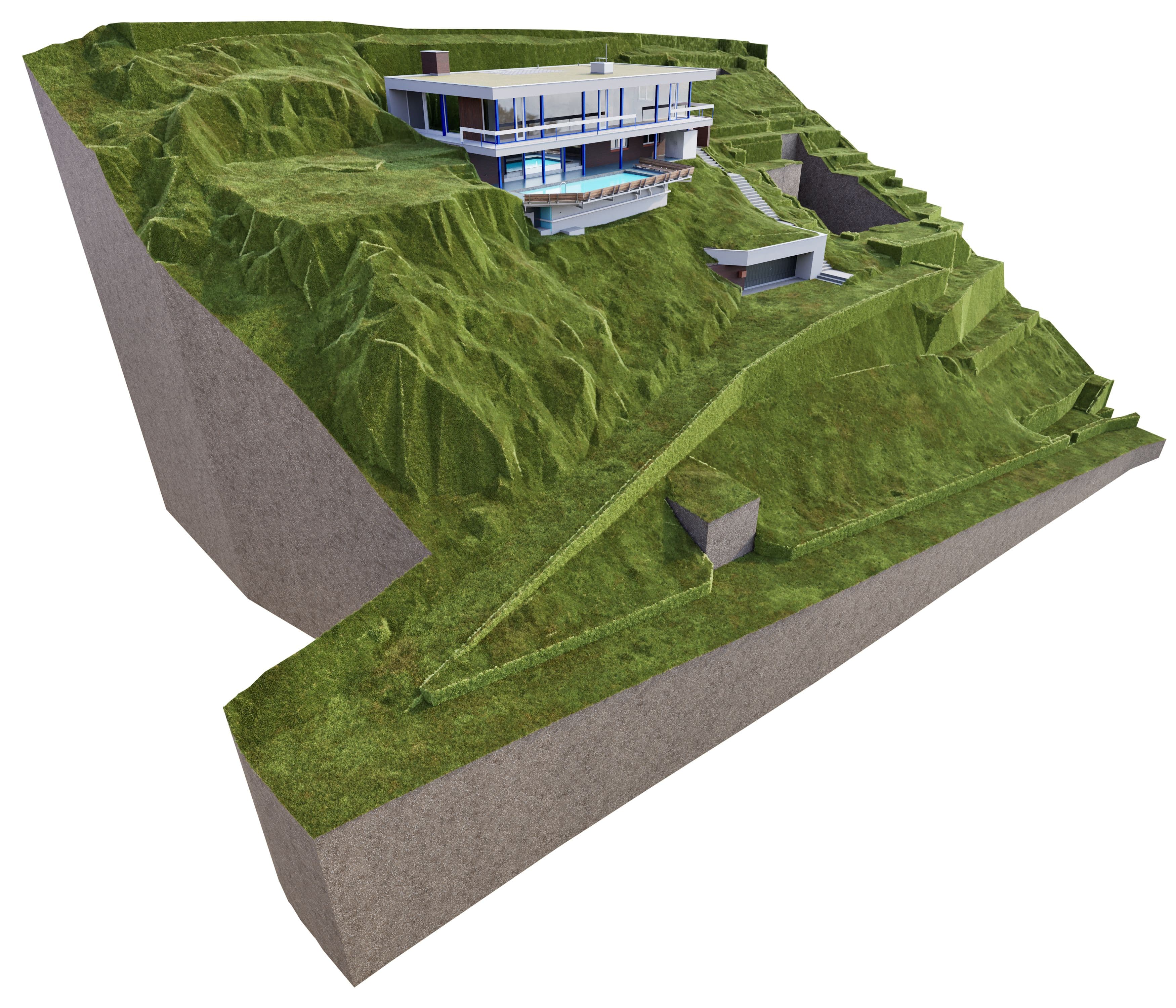 3D-Rendering eines modernen Hauses am Hang mit Terrassen und Stützmauern, eingebettet in eine grüne Geländemodellierung; Architekturdarstellung mit Grundstücks- und Topografieansicht.