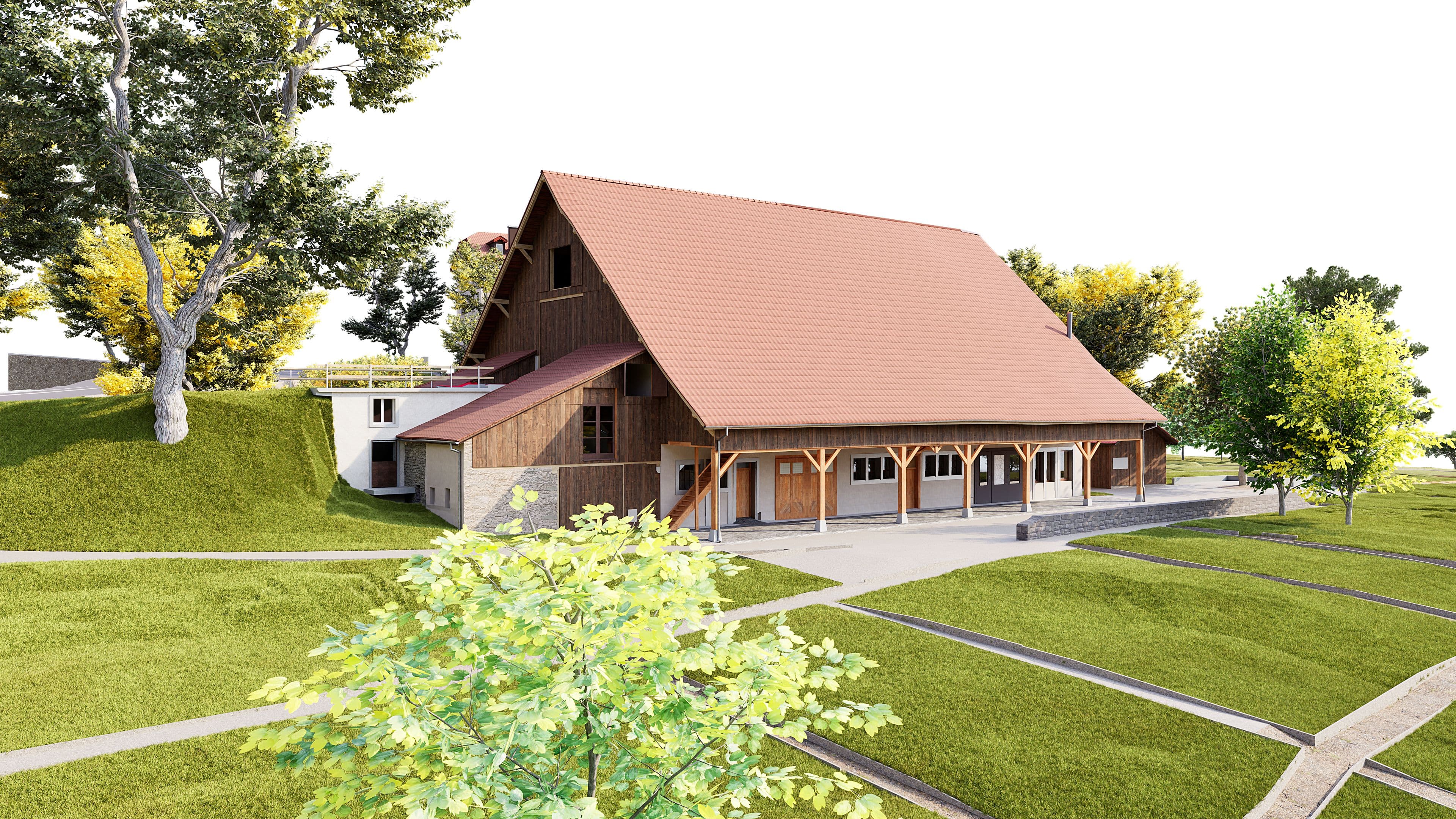 3D-Visualisierung einer modernen Scheune mit rotem Satteldach, Holzfassade und Arkaden, umgeben von grünen Wiesen, Bäumen und Wegen in ländlicher Umgebung.