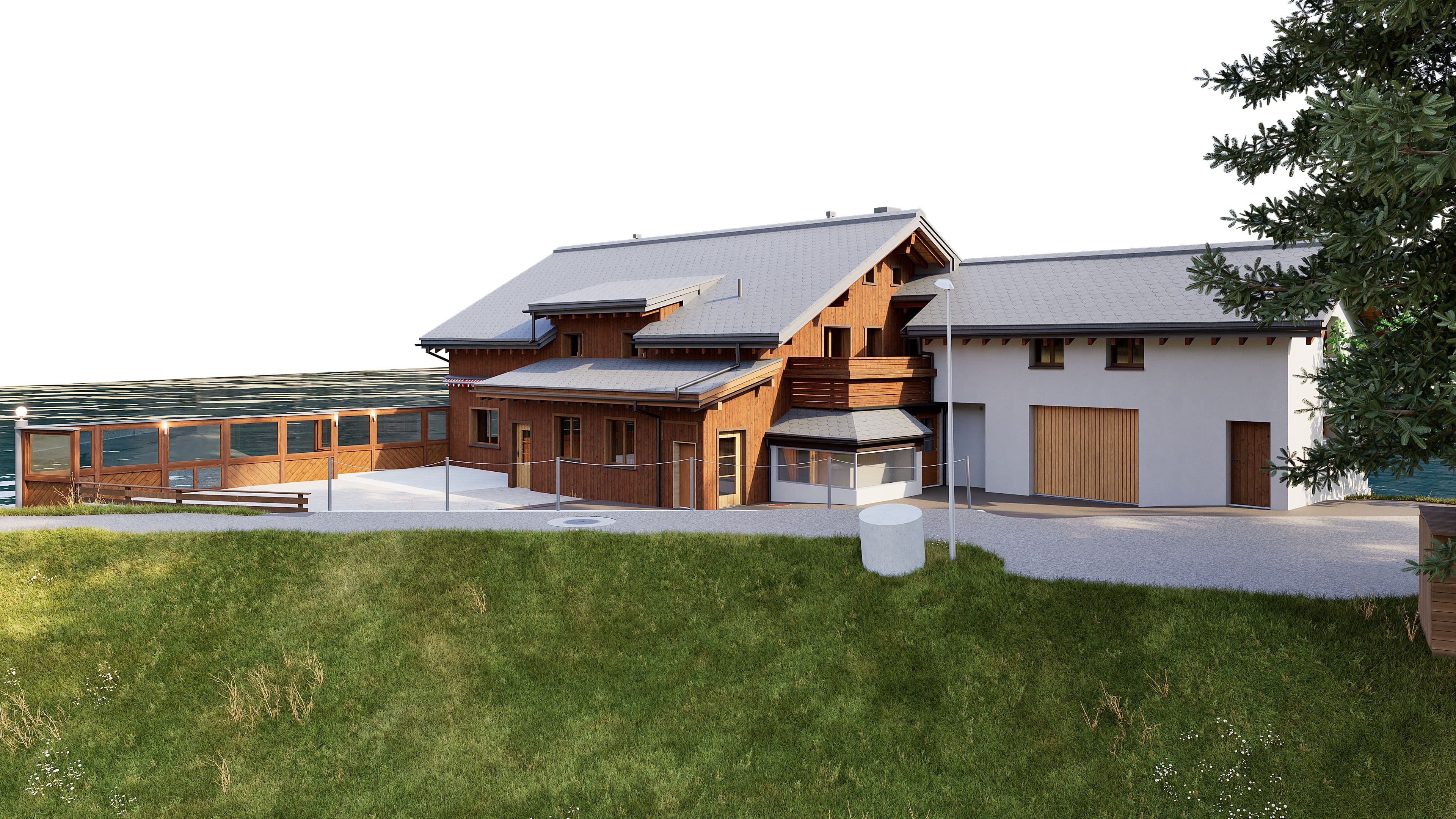 3D-Visualisierung eines modernen Holz-Chalets mit grauem Satteldach, großer Terrasse und Garage, umgeben von Wiese und Zaun in ländlicher Umgebung.